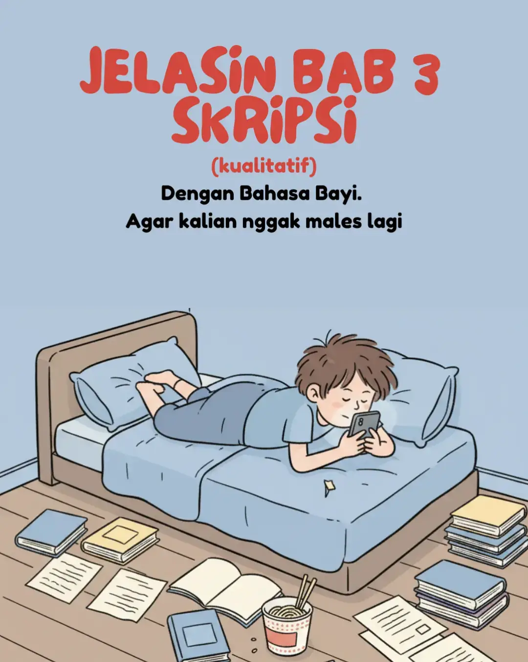 Bab 3 di skripsi isinya tentang cara kamu meneliti. Kalau ibarat kamu mau tahu kenapa ada banyak sampah plastik di sekolah, maka Bab 3 ini jadi petunjuk arahnya. Jadi kayak peta jalan supaya penelitianmu nggak asal, tapi jelas langkah-langkahnya. Nah, di sini kamu tulis rencana nyarinya kayak gimana: siapa yang mau ditanya, di mana dan kapan, pakai cara apa, terus gimana baca hasilnya. Dengan begitu penelitian bisa teratur dan dipercaya. 1. Jenis Penelitian Jenis penelitian ini adalah kualitatif. Artinya, penelitian ini nggak sibuk ngitung angka, tapi lebih ke dengerin cerita orang, lihat keadaan, dan cari tahu alasannya. Misalnya kamu pengen tahu kenapa temanmu buang sampah sembarangan. Kamu nggak perlu hitung jumlah plastiknya, tapi tanya langsung: “Kenapa sih buang sembarangan?” Dari situ kamu dapat jawaban yang lebih dalam. 2. Objek dan Subjek Penelitian Objek itu masalah yang diteliti, sedangkan subjek adalah orang yang ditanya atau diamati. Gampangnya kalau kamu jadi detektif, subjek itu orang-orang yang kamu tanyain. Dalam penelitian ini, subjeknya bisa guru, siswa, dan petugas kebersihan. Guru penting karena mereka ngajarin soal kebersihan. Siswa karena mereka yang sering jadi pelaku. Petugas kebersihan karena mereka tahu kondisi nyata sampah di sekolah. Nah, objeknya adalah kasus sampah plastik itu sendiri. 3. Tempat dan Waktu Penelitian Tempat dan waktu penelitian dipakai biar jelas. Sama kayak kalau kamu cerita, “Aku nonton konser,” orang pasti nanya: “Di mana? Kapan?” Kalau nggak ada tempat dan waktu, cerita jadi nggak jelas. Jadi, kamu tulis jelas penelitian ini dilakukan di sekolah tertentu, misalnya bulan depan atau semester ini. Dengan begitu orang lain bisa percaya atau bahkan mengulang penelitianmu. 4. Instrumen dan Teknik Pengumpulan Data Kalau penelitian kualitatif, kamu ibarat detektif yang butuh alat dan cara buat nyari jawaban. Ada tiga teknik utama: •Wawancara. Kayak ngobrol langsung. Misalnya kamu tanya ke murid: “Kenapa kamu buang sampah sembarangan?” atau ke guru: “Gimana cara sekolah ngajarin soal kebersihan?” •Observasi. Ini artinya kamu lihat langsung. Misalnya kamu perhatiin murid di kelas, ada nggak yang buang plastik sembarangan, lalu kamu catat. •Dokumentasi. Ini menyimpan bukti. Bisa berupa foto tempat sampah yang penuh plastik atau catatan jumlah sampah. Jadi kamu kayak detektif: tanya orang (wawancara), lihat kejadian (observasi), dan simpan bukti (dokumentasi). Dengan cara itu kamu bisa tahu alasan kenapa sampah plastik masih menumpuk. 5. Teknik Analisis Data Kalau sudah dapat data, semuanya harus dirapikan. Caranya ada tiga tahap: •Reduksi Data. Pilih info yang penting. Misalnya ada murid bilang: “Aku males buang sampah soalnya tempat sampah jauh.” Itu bisa dicatat. Kalau ada yang nggak nyambung bisa kamu buang. •Penyajian Data. Data tadi dirapikan jadi cerita atau tabel. Misalnya ditulis: “Sebagian murid buang sampah sembarangan karena jumlah tempat sampah sedikit.” •Kesimpulan. Dari semua cerita dan bukti, kamu ambil intinya. Misalnya: “Murid masih buang sampah plastik karena tempat sampah kurang, letaknya jauh, dan mereka malas jalan.” Ibarat kamu denger cerita banyak teman kenapa kelas berantakan. Ada yang bilang karena sampah, ada yang bilang karena malas bersih-bersih. Kamu pilih cerita penting (reduksi), kamu rangkum (penyajian), lalu kamu simpulkan: “Ternyata kelas berantakan karena semua orang malas buang sampah di tempatnya.” #meme #malaka #fyp