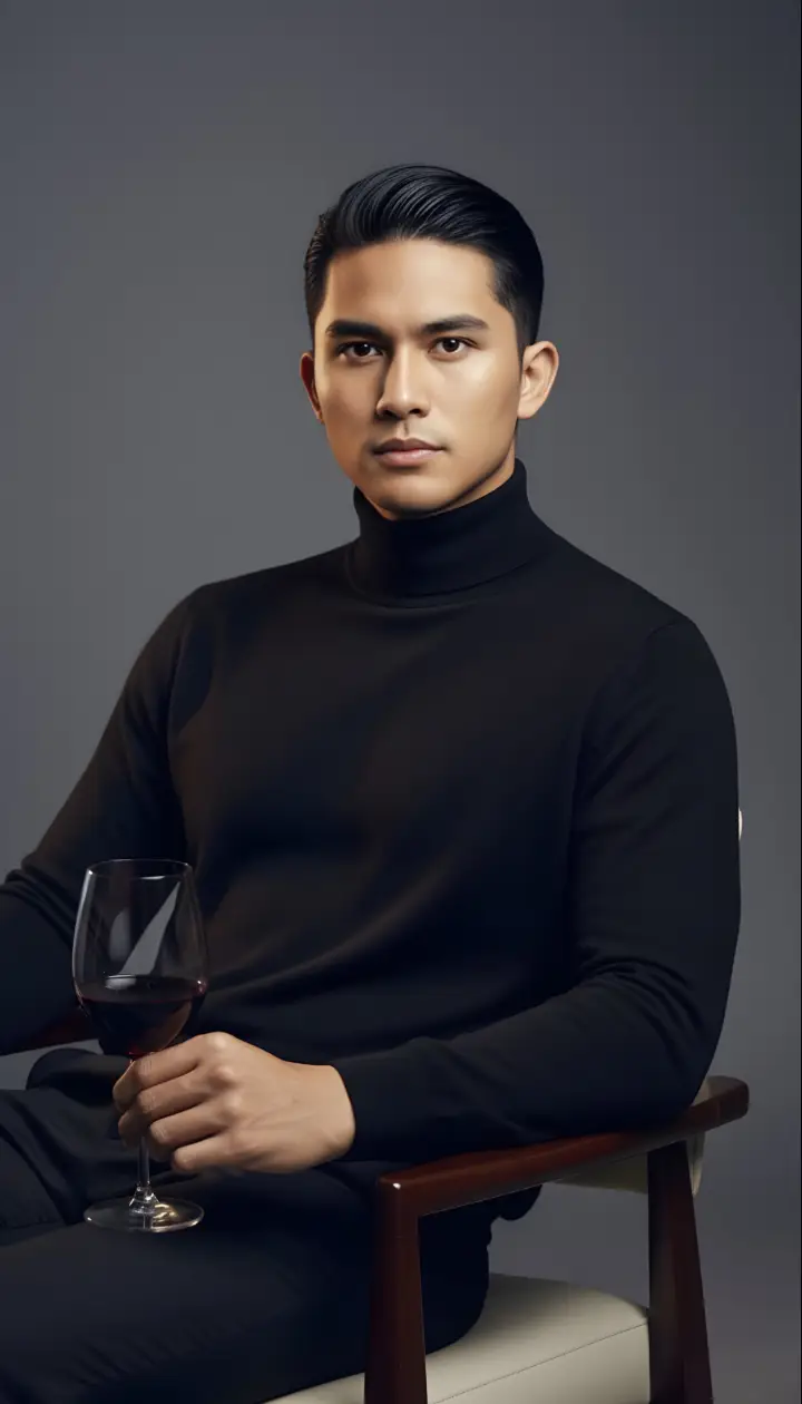 Prompt: Transform my picture into a black turtleneck, seated elegantly in a modern chair while holding a wine glass, shot in a minimalistic studio with warm lighting. Editorial-style fashion portrait with a confident and refined aura. Shot with camera Canon eos R5