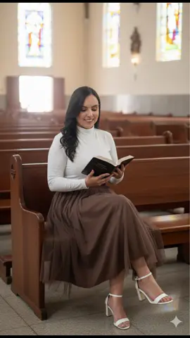 Crie uma foto sem alterações faciais, sorrindo, com cabelo preto ondulado, vestida numa saia rodada de tule de cor marrom, blusa branca gola alta, sandália alta aberta na cor branca. A roupa deve está bem proporcional e justa no corpo com muita elegância e decência  Dentro de uma igreja,Sentada em uma banco de madeira segurando uma bíblia sagrada em suas maos na altura dos seios como se estivesse meditando, ao fundo da mulher outros banco de madeira vazios .deve ter iluminação clara com fundo desfocado em HD. Retrato do corpo inteiro, cenografia cinematográfica. #geminimanchallenge #googlegemini #ensaiofotografico #garotasapoiamgarotas💝🎀✨️ 