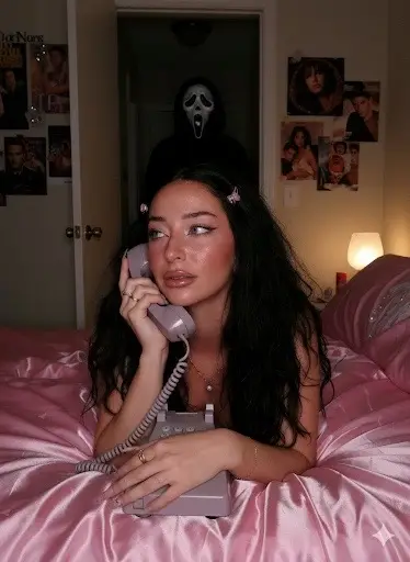 go to google gemini add your selfie and write this prompt 👇 Create a photo of me in a dreamy y2k style portrait of me laying on a shiny pink satin bedding as i hold a large 90s style chorded phone. she has a worried and scared expression and her long black hair falls freely in loose curls with pink clips on each side. she wears delicate jewelry including dainty gold necklaces and accessories and gold chunky rings. the room behind her is girly and daydreamy with 90s style posters. her makeup is simple yet glamorous with brown lipgloss and brown lip liner. the photo should have a grainy 90s style to it with a light source like a lamp in a dimly lit room at night. the ghostface killer should be behind her staring at her, his body should be dimly lit, and he should be standing in the doorway of a dimly lit hallway. the background behind he should be slightly dark and ominous. #ghostface #fyp #y2k 