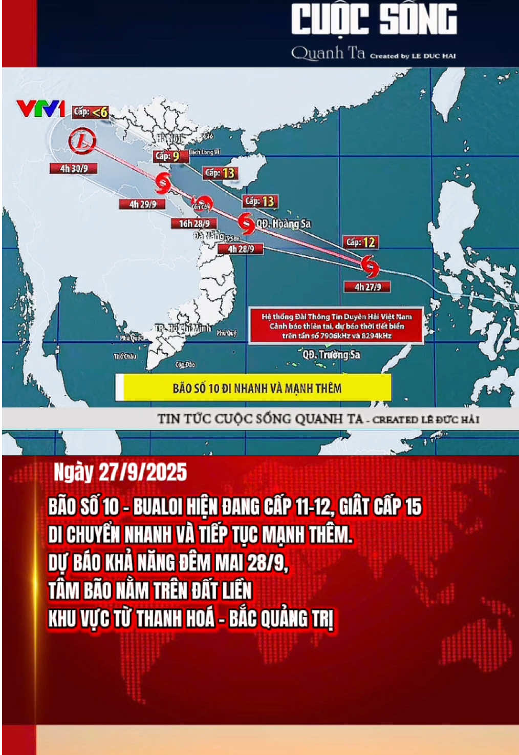 Tình hình cơn bão số 10 - bão Bualoi lúc này hiện đang trên vùng biển của Biển Đông, cường độ bão lúc 4 giờ sáng nay mạnh cấp 11-12 giật cấp 15. Bão tiếp tục mạnh thêm và hướng về đất liền nước ta. Dự báo khả năng bão số 10 đổ bộ vào đất liền vào khoảng đêm mai 28/9 khu vực từ Thanh Hoá đến phía bắc tỉnh Quảng Trị. Đây là cơn bão phức tạp khả năng gây đa thiên tai, mọi người hết sức chú ý theo dõi diễn biến của bão để ứng phó kịp thời. #cuocsongquanhta #tintuc #thanhhoa #quangtri #dubaothoitiet 