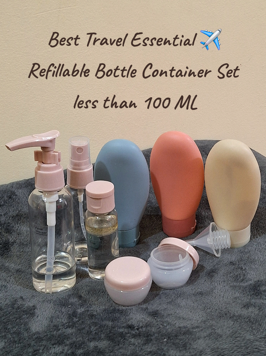 Best travel essential: Refillable travel bottles🧴 na pwede sa hand carry or check in luggage. Less than 100ml and perfrect for hygiene products like shampoo, conditioner, lotion, etc.  #travelessentials #refillablebottle  #refillabletravelbottle #travelbottle #travelkit 
