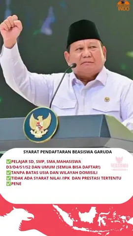Program#beasiswagaruda  merupakan inisiatif strategi pemerintah untuk memperluas akses pendidikan tinggi berkualitas, khususnya di bidang sains dan teknologi. Melalui dukungan penuh mulai dari biaya pendidikan, pelatihan bahasa, hingga kesiapan penelitian, Beasiswa Garuda membentuk SDM unggul menuju visi Indonesia Emas 2045.  ✅Pelajar SD, SMP, SMA, Mahasiswa D3/D4/S1/S2 dan umum Semua bisa daftar! ✅tanpa batasan usia dan wilayah domisili  ✅Tidak ada nilai Rapor bagi jenjang SD/SMP/SMA dan tidak ada nilai IPK bagi Jenjang Mahasiswa dan tidak ada prestasi tertentu ✅Penerima beasiswa lain boleh mendaftar  ✅Hanya dapat memilih satu jalur yaitu pendaftaran jalur: Regular,khusus,kurang mampu #beasiswaindonesiamaju  #bantuanpendidikan #fyp  #viral 🇲🇨