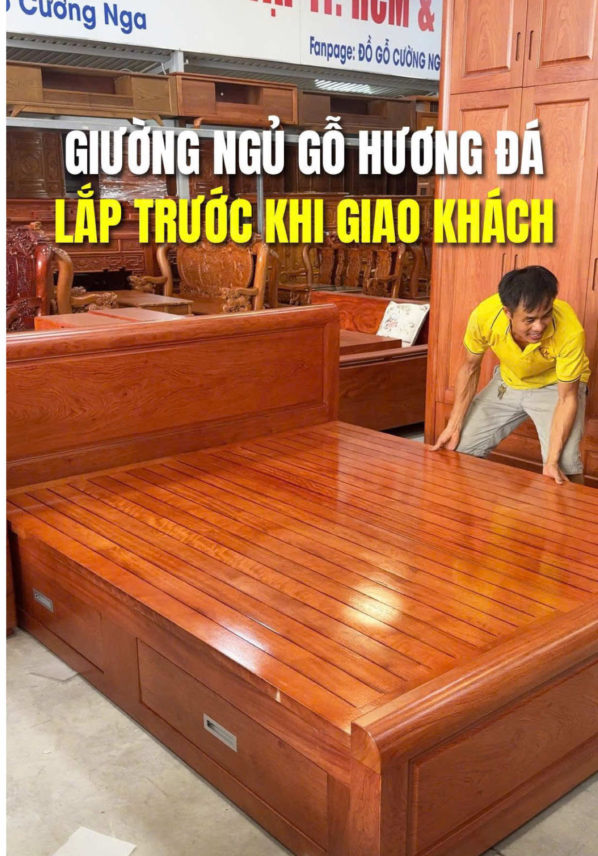 Giường ngủ gỗ Hương Đá 1m8x2m vạt phản - 2 ngăn kéo - Lắp lên trước khi giao khách #giuongngudep #giuonghuongda 
