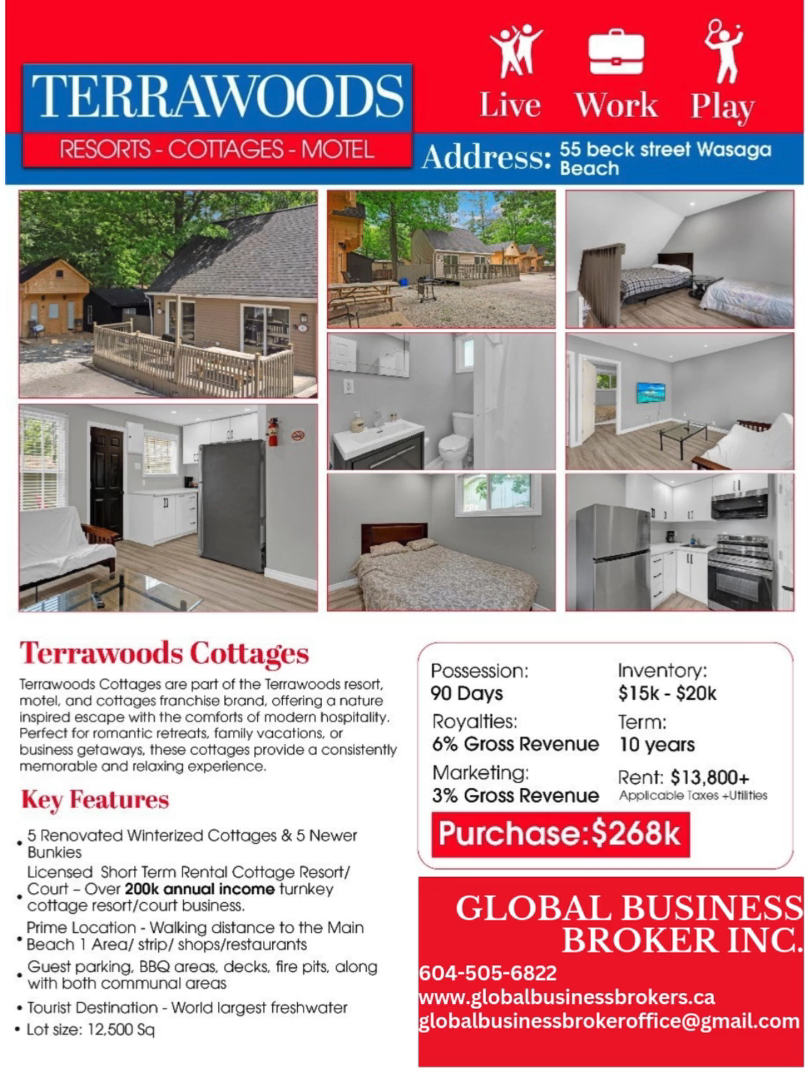 Own a Profitable Slice of Canada’s Most Iconic Beachfront Destination 🏖️🌟 Imagine stepping into a thriving, fully licensed short-term rental cottage resort in the heart of Wasaga Beach – the world’s longest freshwater beach and one of Ontario’s busiest four-season tourist hubs. PRICE: $268,000 LOCATION: 55 Beck Street, Wasaga Beach Introducing Terrawoods at 55 Beck Street — an established, turnkey cottage-court business that offers both high returns and lifestyle freedom. 💼 Why This Opportunity Stands Out: 🏡 10 Units Ready to Earn: Five fully renovated, winterized cottages plus five newer bunkies designed for maximum guest comfort and year-round bookings. 💰 Reliable Income: A licensed short-term rental resort generating over $200,000 in proven annual income — no guesswork, just immediate revenue. 📍 Prime Location: Only a short walk to Main Beach, the vibrant strip, shops, and restaurants — a dream for tourists and a magnet for repeat guests. 🔥 Guest-Friendly Amenities: Ample parking, dedicated BBQ stations, inviting decks, fire-pits, and communal areas that enhance the guest experience. 🌊 Tourism Powerhouse: Set in a thriving vacation destination on a 12,500 sq ft lot, perfect for continued business growth and unforgettable stays. 💸 Asking Price: Just $268,000 — a rare chance to acquire a profitable business at an exceptional value in a booming lakeside market. ✨ The Advantage: This isn’t just real estate; it’s a ready-made business model with established revenue streams, in a location that needs no introduction. Whether you’re an investor seeking solid ROI, an entrepreneur entering the hospitality market, or a visionary looking to expand your portfolio, Terrawoods delivers unmatched potential at the right price. 📈 Opportunities like this don’t wait. Own a high-performing property in one of Ontario’s top tourist destinations and watch your investment thrive. 📞 Take the next step today — schedule your viewing before it’s gone. 📞 Contact Information~ Global International Business Broker Inc. 📱 Call/Text: 604-505-6822 📧 Email: globalbusinessbrokeroffice@gmail.com 🌐 Website: www.globalbusinessbroker.ca  #WasagaBeach#BeckStreet#GeorgianBay#BlueMountain#Collingwood#Barrie#SimcoeCounty #Ontario#OntarioBeach#Waterfront#TouristSpot#Freshwater#Beachlife#Sunset#SandAndSun#Investment#Property#RealEstate#Turnkey#Resort#Cottages#Motel#Bunkies#Hospitality#Shortterm#Rental#Income#Profitable#ROI#Opportunity#Entrepreneur#Investor#Business#Asset#Revenue#Growth#Cashflow#PassiveIncome#Expansion#Portfolio#Development #Contact#Connect#Call#Reach#Inquire#DM#Message#Chat#Ask#Offer#Details