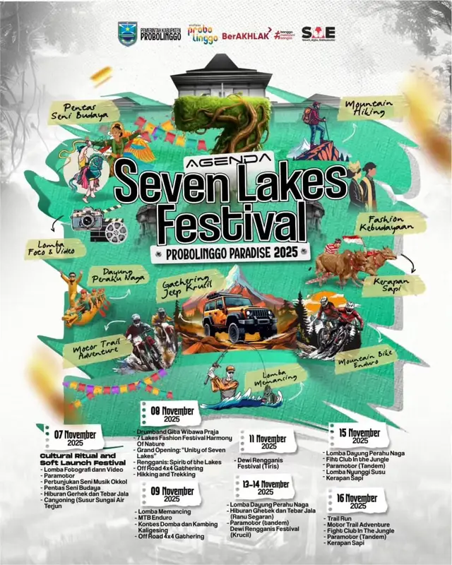 Seven Lakes Festival 2025 Festival paling seru, hadir dengan kemeriahan budaya, petualangan, dan hiburan spektakuler. Seven Lakes Festival - Probolinggo Paradise 2025 7-16 November 2025 Beragam agenda seru: - Pentas seni budaye - Lomba Dayung Perahu Naga - Motor Trail Adventure - Gathering Jeep & Offroad - Drumband Gita Wibawa Praja - Fashion Festival Harmoni Onthel - Kerapan Sapi - Mountain Hiking & Bike Enduro - Lomba Memancing dan masih banyak lagi !! Ayo ramaikan, nikmati pesona budaya, olahraga, dan alam Probolinggo dalam satu festival penuh warna. Jangan sampai ketinggalan momen seru ini, catat tanggalnya dan ajak semua orang terdekatmu. #SevenLakesFestival2025 #ProbolinggoParadise2025 #PesonaProbolinggo #Wonderfullndonesia #pesonaindonesia