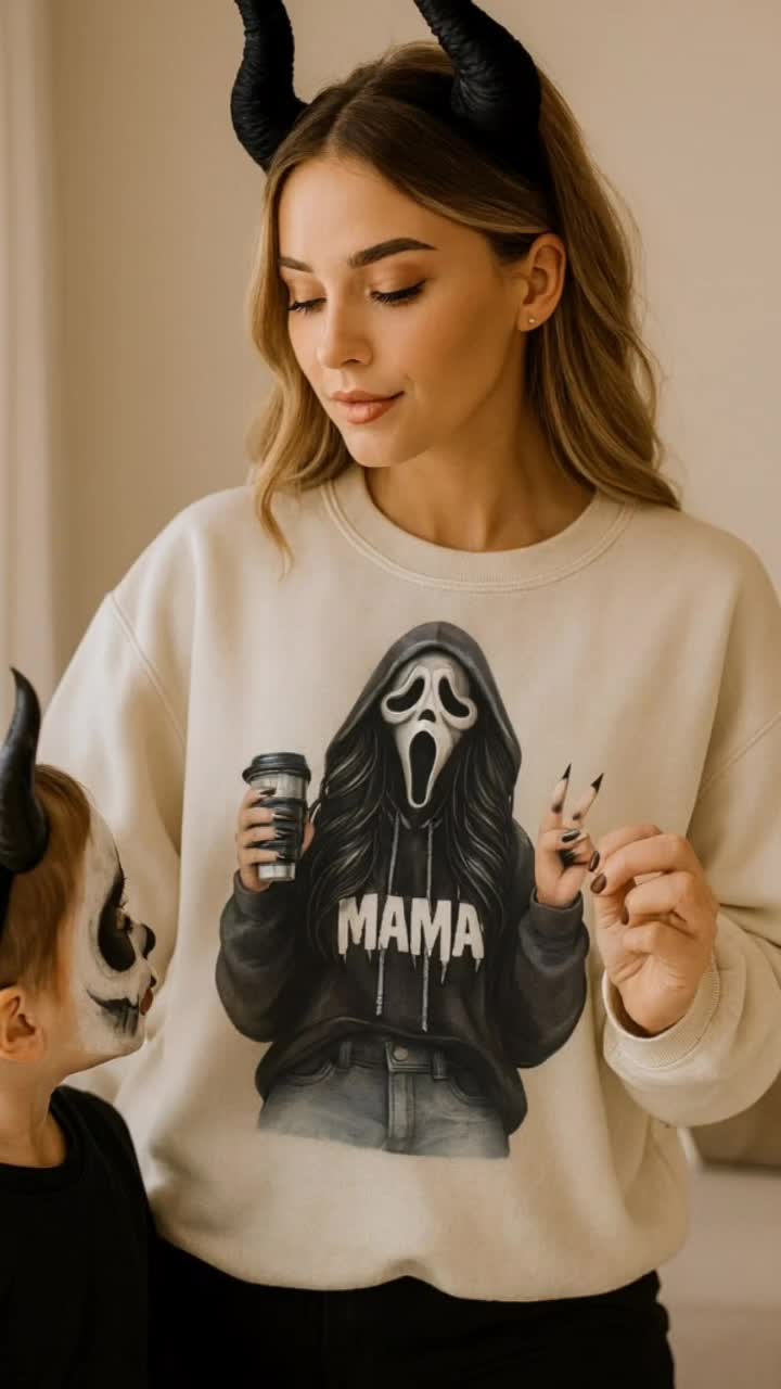 Mama Halloween Sweatshirt – Funny Ghostface Girl With Coffee And Peace Sign, Horror Movie Inspired, Spooky Fall Vibes, Tiktok Shop Store, Unisex, Trending For Men And Women #halloweensweatshirt #spookysweatshirt #halloweenootd #halloweengraphictee #halloweenhoodieblanket #mamasweatshirt #halloweenoutfitinspo #pacsunhoodie #halloweenhoodie #momsweatshirt