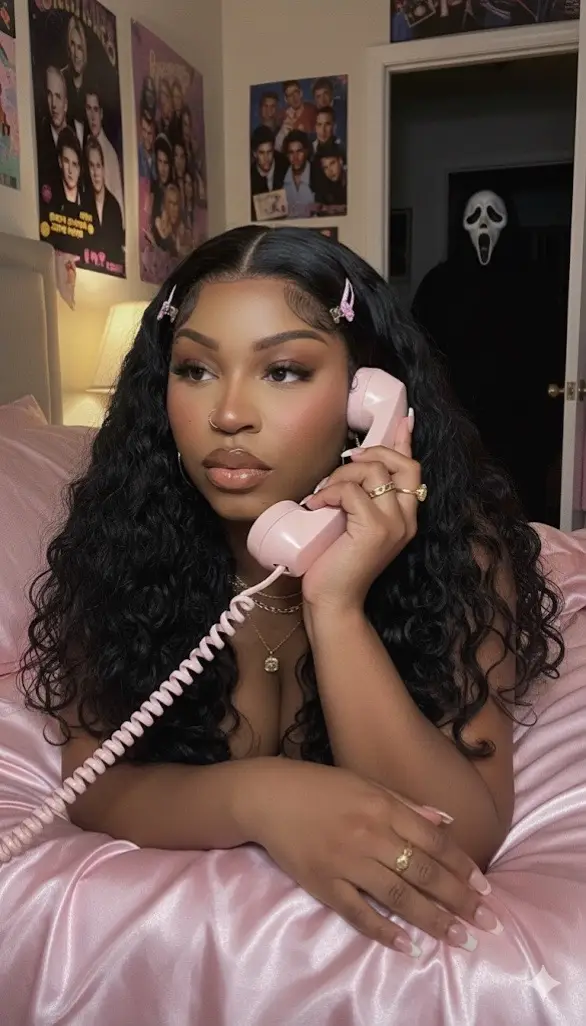 Gemini A1 prompt  Create a photo of me in a dreamy y2k style portrait of me laying on a shiny pink satin bedding as i hold a large 90s style chorded phone and in a thoughtful daydreaming pose her long black hair falls freely in loose curls with pink clips on each side. she wears delicate jewelry including dainty gold necklaces and accessories and gold chunky rings. the room behind her is girly and daydreamy with 90s style posters. her makeup is simple yet glamorous with brown lipgloss and brown lip liner. the photo should have a grainy 90s style to it with a light source like a lamp in a dimly lit room at night. the ghostface killer should be behind her staring at her, his body should be dimly lit, and he should be standing in the doorway of a dimly lit hallway. the background behind he should be slightly dark and ominous.