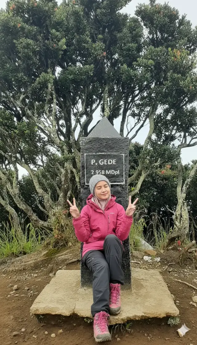 Langkah langkah nya : 1. ambil foto polosan di slide ke 3 2. buka google gemini nano banana 3. masukkan prompt : Tambahkan seorang pendaki perempuan muda cantik berhijab dengan pakaian outdoor lengkap: jaket gunung pink, celana tracking, dan sepatu hiking pink. tanpa membawa tas besar. Memakai kupluk abu abu.  Pose duduk santai: duduk di dekat tugu dengan wajah tersenyum manis mata sipit kagum, kedua tangan mengarah ke kamera dengan pose 2 jari sambil menikmati suasana puncak. Latar tetap mempertahankan pepohonan gunung, tanah berbatu alami, dan atmosfer dingin khas pegunungan. Visual dibuat HD, hyper-realistic, cinematic, dan penuh detail untuk menonjolkan keindahan alam dan semangat petualangan. prompt slide ke 2 : Gabungkan 2 foto ini tanpa mengubah wajah seorang pria muda berpakaian lengkap ala pendaki gunung: jaket outdoor, celana tracking pendek, dan sepatu gunung. Ia berdiri gagah di dekat tugu sambil bersandar bertuliskan Puncak Gede 2958 mdpl, dengan ekspresi bangga dan kagum karena berhasil mencapai puncak. Tangan bisa memegang trekking pole atau bersedekap di dada, wajah menatap ke kamera seolah menikmati keindahan alam. Tanpa tas carrier, karena ia baru saja tiba di puncak. Latar tetap menampilkan pepohonan khas gunung, tanah berbatu, dan nuansa dingin pegunungan. Visual dibuat HD, sangat realistis, sinematik, penuh detail, menonjolkan suasana kemenangan setelah mendaki. ubah sesuaikan gaya dan pakaian sendiri ENJOY ✌ #prompt #aigemini #gedepangrango #pendakigunung #fyp 