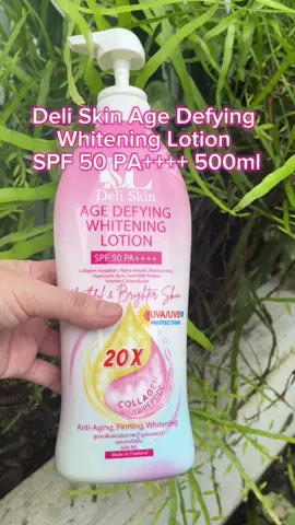 ✨Step into younger-looking skin with Deli Skin Age Defying Whitening Lotion! This powerful lotion is packed with 20× collagen tripeptide, hyaluronic acid, alpha arbutin, niacinamide, goat milk protein, vitamin C, and shea butter—giving you skin that’s firmer, more radiant, and beautifully even-toned. Plus, SPF 50 PA++++ offers strong protection from both UVB & UVA rays. Lightweight and fast absorbing, it leaves your skin feeling soft, hydrated, and glowing without that sticky or heavy after-feel. Perfect for daily use to keep your skin looking youthful and bright. 💖#deliskin #agedefyinglotion #SelfCare #tiktokmademebuyit #fyppppppppppppppppppppppp 