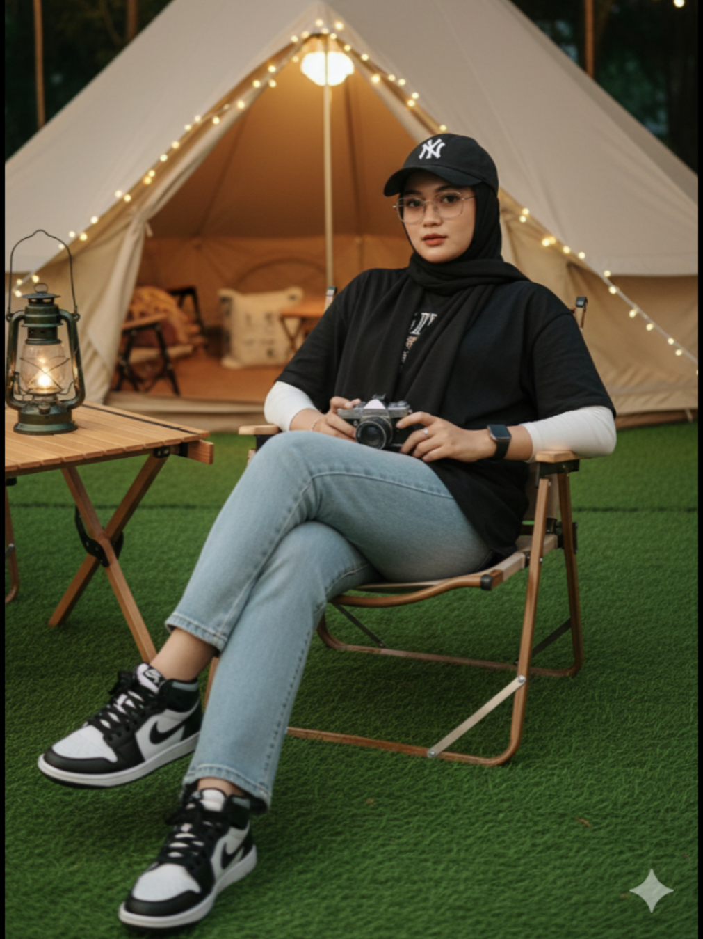 tema berkemah..⛺️🏕🌻🌺 prompt: Buat gambar dari potret aslinya.duduk di kursi berkemah di cafe dengan suasana semi alami. Dengan meja dan kursi berkemah di atasnya.ada tenda di lengkapi dengan baik.duduk dalam tampilan depan.cahaya sekitar yang lembut.bayangan aksen dan dimensi.berdandan mengenakan jeans ringan dengan kaki mullet.kenakan t-shirt oversize vintage hitam,dalaman manset.pasmina panjang.pakai topi hitam NY bukan kupluk..kacamata bening.pakai jam tangan pintar.gelang cartier.cincin di jari telunjuknya.kenakan sneaker nike jordan hitam putih. Orang tersebut bersandar di kursi Wajah 100% asli.beri bidikan close up .gambar realistis  100% .kualitas terbaik. #geminigoogle  #geminiai  #gemini 