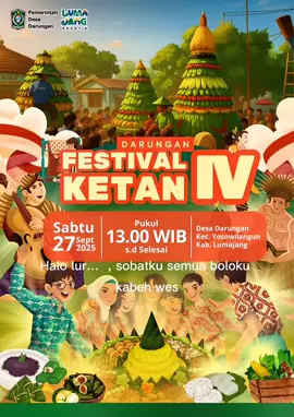 📣 Ajakan Lihat Festival Ketan Desa Darungan 📣 Halo lur… 🌾✨ Hari ini, Sabtu 27 September 2025, jangan sampai ketinggalan keseruan Festival Ketan Desa Darungan Kecamatan Yosowilangun Kabupaten Lumajang! 📍 Start akan dimulai dari Dusun Igir-Igir dan berakhir megah di depan Balai Desa Darungan. Bayangkan suasananya lur… puluhan peserta dari berbagai lembaga, gapoktan, hingga masyarakat umum ikut memeriahkan festival ini dengan membawa gunungan ketan, sayuran, dan hasil bumi yang melimpah. Semua dipamerkan dengan penuh kreativitas dan semangat gotong royong. 🌽🍠🍚 Tak hanya itu, suasana tambah heboh dengan audio sound system yang menggema, disambung penampilan drama kolosal yang bikin merinding, serta tari-tarian modern dan tradisional yang memukau mata. 💃🕺 Yuk lur, ajak keluarga, sahabat, dan tetangga untuk datang bersama-sama menyaksikan festival ini. Rasakan kemeriahan, kebersamaan, sekaligus bentuk rasa syukur atas melimpahnya hasil bumi kita. 🌾🙏 👉 Catat! 🗓️ Sabtu, 27 September 2025 🚩 Start: Dusun Igir-Igir 🏁 Finish: Depan Balai Desa Darungan Mari ramaikan, mari meriahkan! 🎉 Karena Festival Ketan Desa Darungan bukan sekadar tontonan, tapi juga kebanggaan kita bersama. ❤️✨ #FestivalKetanDarungan #KetanIstimewa2025 #DarunganBerbudaya #GununganKetanLumajang #PestaRakyatDarungan  
