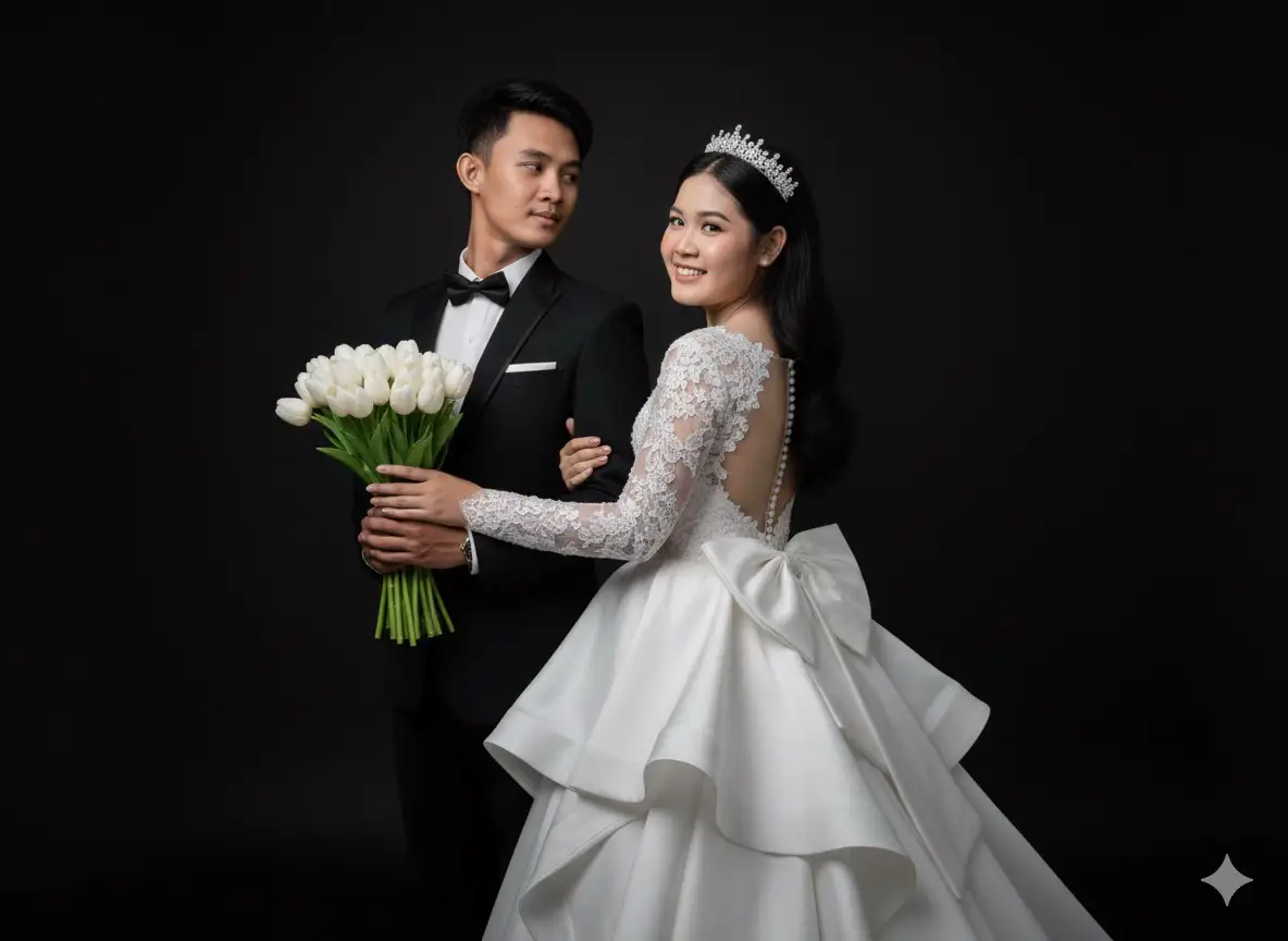#ខមិនមកចាំធ្វើអោយ😍 #fyp Prompt: Make a realistic photo of A pre-wedding photoshoot of an Indonesian couple, posed in a studio against a dark background. The bride is wearing a stunning white wedding gown with a large bow detail on the back. The groom is dressed in a classic black tuxedo with a bow tie. The bride's dress features elegant lace sleeves and a V-neckline. The bride is wearing a sparkling tiara and the groom is holding a bouquet of white tulips. A formal portrait showing the couple's genuine happiness and intimacy. The groom's arm is gently around the bride's waist, and she is holding his arm. A high-fashion shot of a bride in a voluminous gown with ruffled layers. The couple is looking at each other, sharing a loving moment. The lighting emphasizes the textures of the fabric, from the smooth tuxedo to the intricate lace. A timeless and romantic couple portrait, full of grace and elegance. The bride has a radiant smile while looking over her shoulder at the camera. The groom stands tall and proud next to his beautiful bride. The bride's dress has an open back design, secured with a series of small buttons. A studio image capturing the love and excitement of a soon-to-be-married couple. Ratio aspect is 9:16