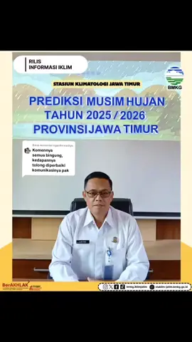 Membalas @ngarifin.wadiyo Repost  : @bmkg.iklimjatim  Tahukah kamu? 🤔 Awal musim hujan di tiap daerah tidak selalu datang bersamaan. Ada wilayah yang lebih cepat, ada pula yang terlambat. Itulah sebabnya BMKG Stasiun Klimatologi Jawa Timur merilis Prediksi Musim Hujan 2025/2026 untuk memberikan gambaran detail kapan hujan pertama akan turun di berbagai kabupaten/kota Jawa Timur. Dengan informasi ini, masyarakat bisa lebih siap: petani menentukan jadwal tanam 🌾, pemerintah merancang langkah mitigasi bencana 💧, hingga kita semua lebih waspada dalam beraktivitas sehari-hari. 👉 Hujan memang tak bisa dihindari, tapi bisa kita antisipasi. #prakiraanmusimhujan #hujan #hujan🌧️ #musimhujan2025 #musimhujan 