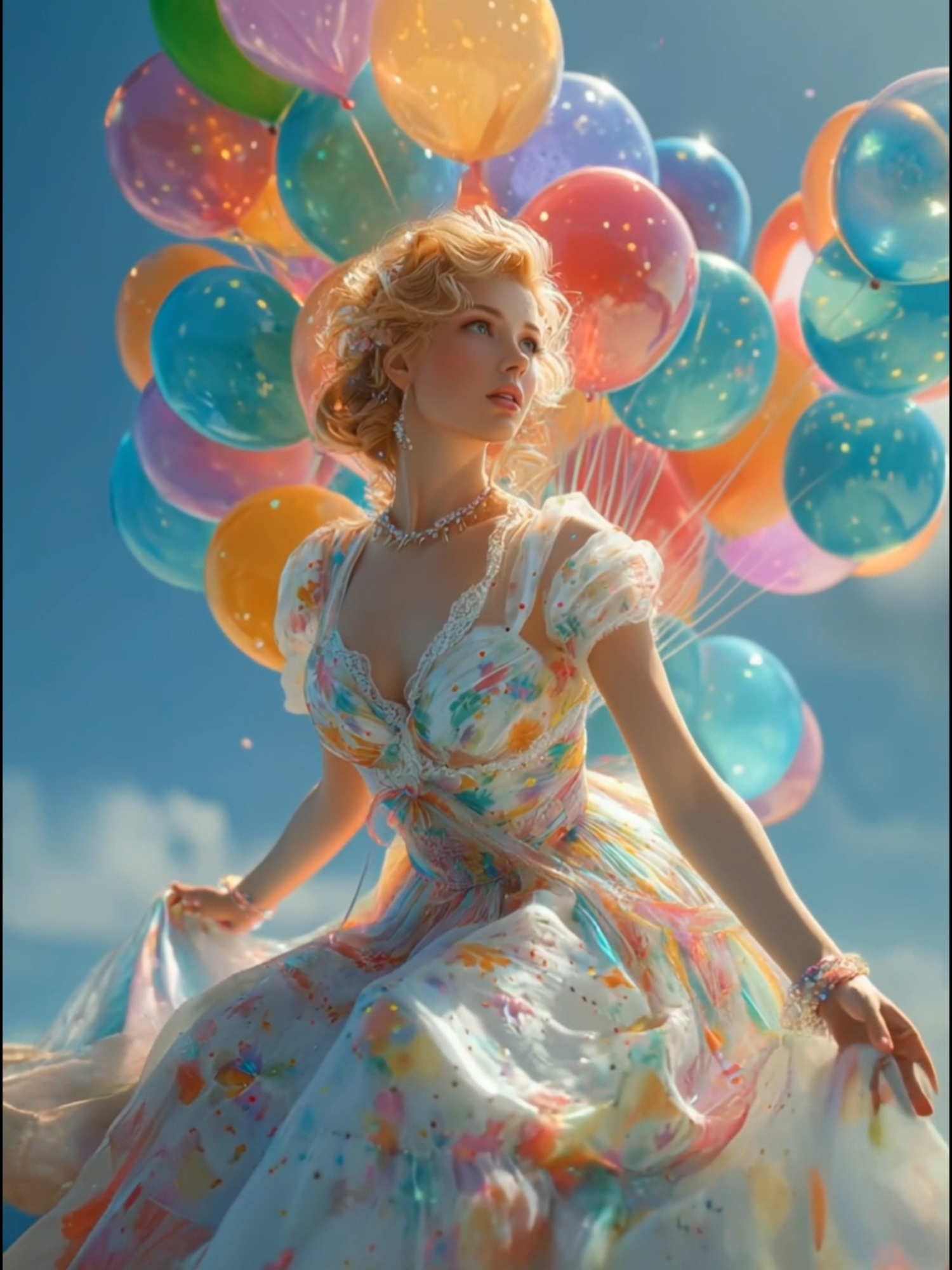 🎈✨ A magical moment unfolds as a young girl is gently lifted high into the sky by a cluster of vibrant, colorful #balloons. 🌈☁️ #AIart #MagicalVibes #EnchantedWorld #EnchantedFantasies #Dreamscape #BalloonJourney #SkyMagic