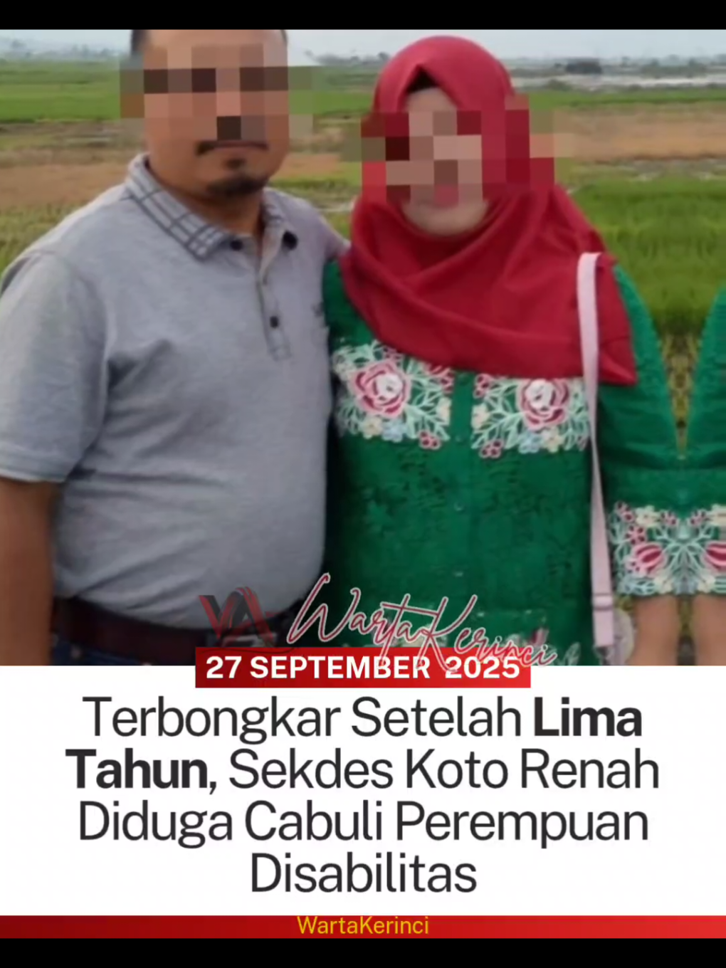 WartaKerinci.com - SUNGAI PENUH – Dugaan kasus pelecehan seksual menggemparkan warga Desa Koto Renah, Kecamatan Pesisir Bukit, Kota Sungai Penuh. Sekretaris Desa (Sekdes) berinisial EH dilaporkan ke Polres Kerinci pada Sabtu, 27 September, atas tuduhan mencabuli seorang perempuan berusia 19 tahun yang diketahui mengalami keterbelakangan mental (disabilitas). Laporan ini dibuat oleh keluarga korban yang merasa geram dan hancur hati setelah mengetahui dugaan perbuatan bejat yang telah dialami putri mereka sejak lama. Terbongkar Saat Istri Pelaku di Luar Kota Kasus ini mulai terbongkar pada Kamis, 25 September 2025. Saat itu, anak dari terduga pelaku EH pulang ke rumah untuk mengambil helm. Ia terkejut mendapati korban keluar dari kamar mandi (WC) rumahnya. Kecurigaan muncul mengingat istri EH sedang tidak berada di tempat, yakni sedang berada di Jambi. Ketika ditanyai, EH sempat berdalih bahwa korban hanya menumpang buang air kecil. Namun, anak pelaku yang merasa janggal lantas menyampaikan temuannya kepada pihak keluarga korban. Informasi ini memicu keberanian korban untuk menceritakan apa yang sebenarnya terjadi. Pengakuan korban sungguh mengejutkan, lantaran tindakan pelecehan yang diduga dilakukan oleh EH ternyata sudah berlangsung sejak tahun 2020. Keluarga Minta Keadilan dan Tindak Tegas Polisi Orang tua korban mengungkapkan kepedihan mendalam atas perbuatan yang menimpa anaknya. Ayah korban menyatakan betapa hancurnya hati mereka, terutama mengingat kondisi putrinya yang mengalami disabilitas. “Anak saya keterbelakangan mental (disabilitas), dia takut bicara selama ini. Baru sekarang terbongkar setelah ketahuan. Bayangkan, sudah dari tahun 2020 perbuatan itu dilakukan. Saya sebagai orang tua hancur hati mendengarnya,” ungkap ayah korban dengan nada tegas. Pihak keluarga pun bersumpah tidak akan tinggal diam dan meminta aparat penegak hukum bertindak cepat dan tegas dalam menangani kasus ini. “Kami tidak terima sedikit pun. Kami minta polisi menindak pelaku seadil-adilnya. Jangan sampai kasus ini ditutup-tutupi. Kami berharap polisi memberi keadilan bagi anak saya, supaya pelaku dihukum setimpal dengan perbuatannya,” lanjutnya penuh harap. Kasus Dalam Penyelidikan Polres Kerinci Saat ini, laporan resmi dari keluarga korban telah diterima oleh Polres Kerinci. Kasus dugaan pelecehan seksual terhadap perempuan disabilitas yang menyeret nama Sekdes Koto Renah berinisial EH tersebut tengah berada dalam tahap penyelidikan lebih lanjut oleh pihak kepolisian. Pihak keluarga dan masyarakat menanti respons cepat dan penegakan hukum yang transparan dari Polres Kerinci demi memberikan keadilan bagi korban.#polreskerinci #kominfokerinci #kerinci #sungaipenuh 