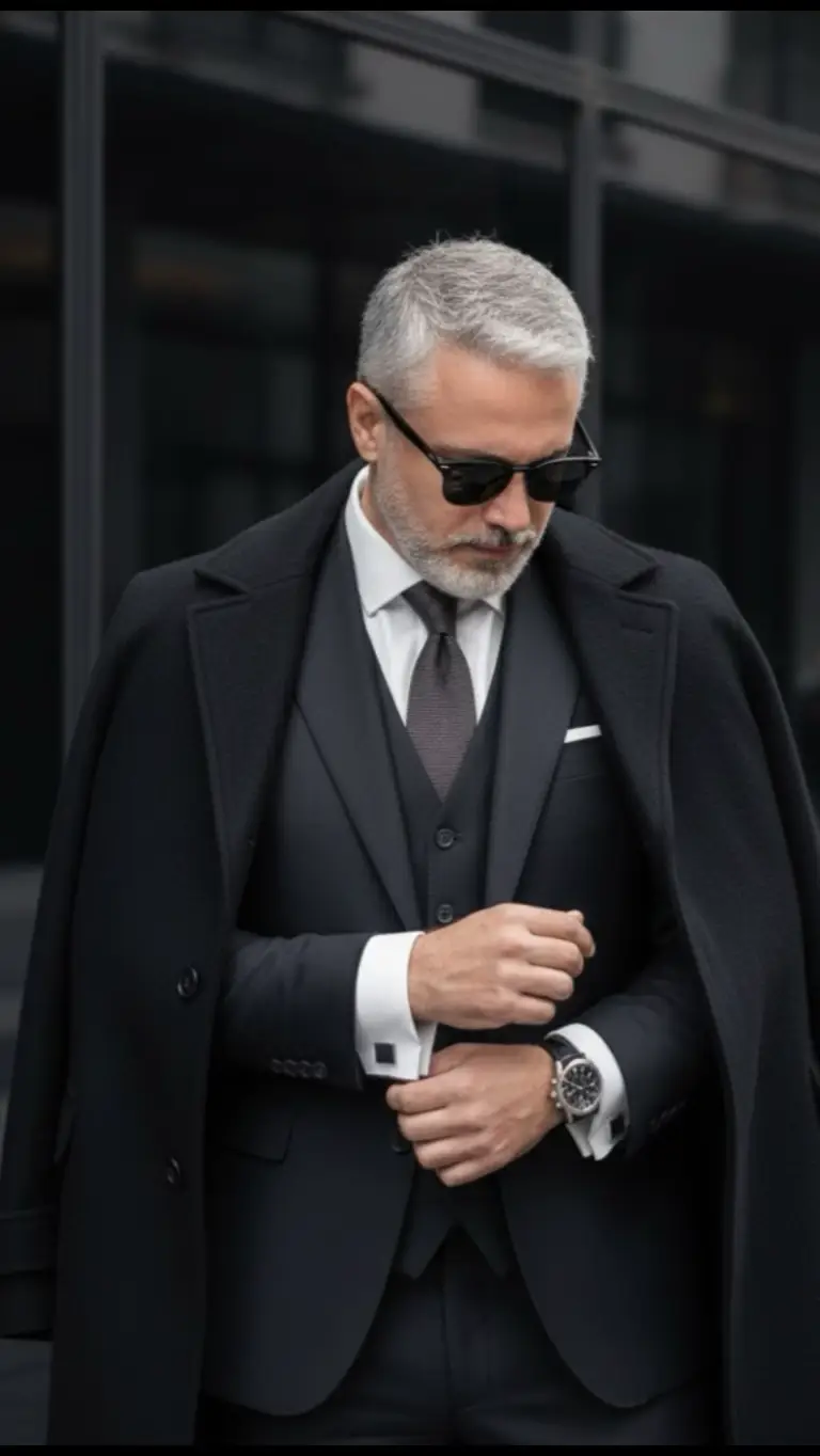Uma fotografia de moda profissional, cinematográfica e realista de um homem com toldas as referências e características da imagem fornecida , elegante e confiante , como na foto publicada. Ele usa  um óculos escuro e um elegante terno escuro de três peças, complementado por uma camisa branca nítida e uma gravata estampada. Um casaco pesado de lã escura é elegantemente colocado sobre seus ombros. O homem é capturado em uma pose espontânea e sofisticada, olhando para baixo enquanto ajusta o punho da camisa. O cenário é um ambiente urbano moderno, com o assunto em frente a um edifício elegante com grandes janelas de vidro reflexivo escuro. A iluminação é suave e natural, criando sombras suaves e dramáticas e destacando as texturas do tecido. A estética geral é cinematográfica, de alta qualidade e poderosa. Estilo: Editorial de moda masculina, fotografia realista, hiperdetalhada, foco nítido, gradação de cores cinematográfica, resolução 8K, hiper-realista, FHD, lente Sony