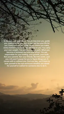 “ Cuối cùng, bạn vẫn phải bước đi một mình. Người ta có thể yêu thương bạn, chỉ dẫn bạn, thậm chí cầu nguyện cho bạn, nhưng không ai có thể sống thay cuộc đời bạn. Mọi suy nghĩ bạn mang, mọi quyết định bạn chọn, mọi lần bạn vấp ngã hay đứng dậy, đều thuộc về bạn. Chính bạn gánh lấy trọng trách, chính bạn vẽ nên con đường của mình. Bạn trở thành ai, đó là kết quả giữa bạn và nỗ lực của chính bạn. Bạn chịu trách nhiệm cho sự chữa lành, sự trưởng thành, sự thật của bản thân. Không phải cha mẹ bạn. Không phải bạn bè bạn. Không phải thế giới này. Chỉ có bạn mà thôi. Cuộc đời sẽ không dừng lại để chờ bạn tìm ra câu trả lời. Nó vẫn tiếp tục, dù có bạn hay không. Và đến một ngày, bạn sẽ phải nhìn thẳng vào mắt chính mình và tự biết rằng: bạn đã thật sự đứng lên vì bản thân, hay chỉ chờ đợi ai đó làm điều đó thay mình. “ #phtrng #fyp #english #tienganh #LearnOnTikTok 