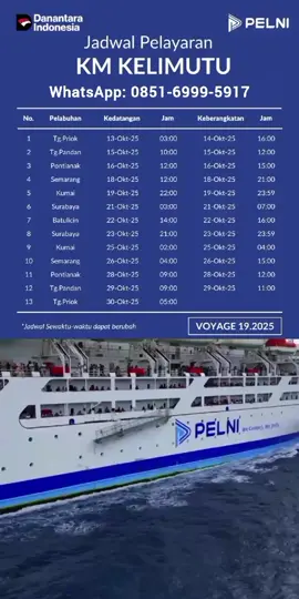 UPDATE RUTE & JADWAL KEBERANGKATAN PELNI KM.KELIMUTU⛴️ MELAYANI RUTE TUJUAN: Jakarta – Belitung – Pontianak – Semarang – Kumai – Surabaya – Batulicin – Surabaya – Kumai – Semarang – Pontianak – Belitung – Jakarta. #Kapalpelni #Jadwalkapal #KmKelimutu #kapalpenumpang #fouryoutiktok