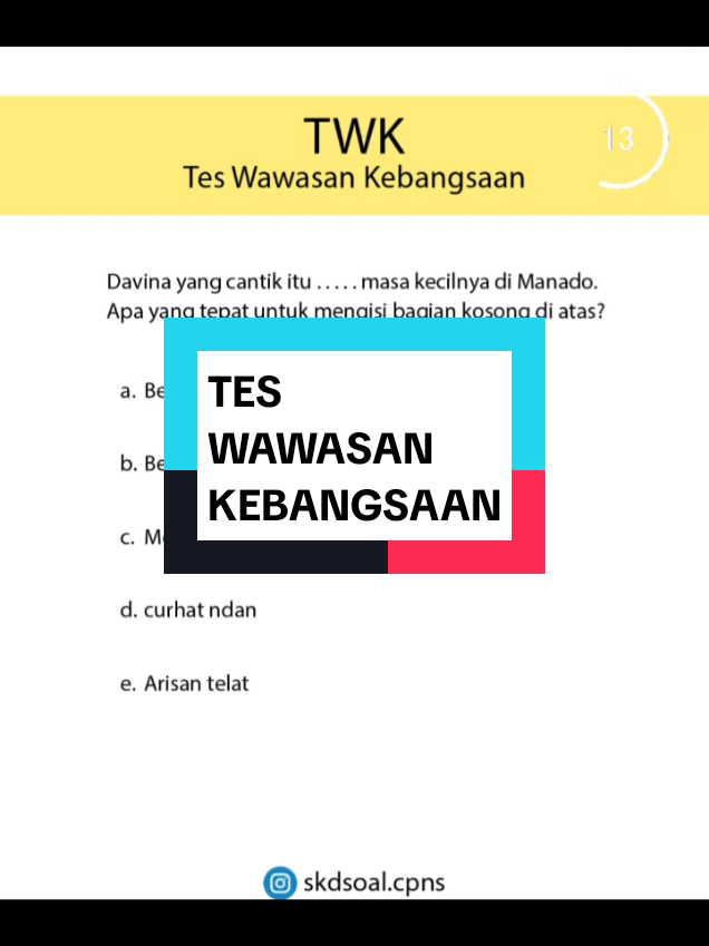 Latihan soal cpns TWK Bahasa Indonesia. Coba kerjain soal ini terus kasih tau jawaban kamu di kolom komentar ya ndan. Jangan lupa share ke temen kamu ya 😁👍🏻 #quiztime #quizchallenge #viral #fyp #cpns 