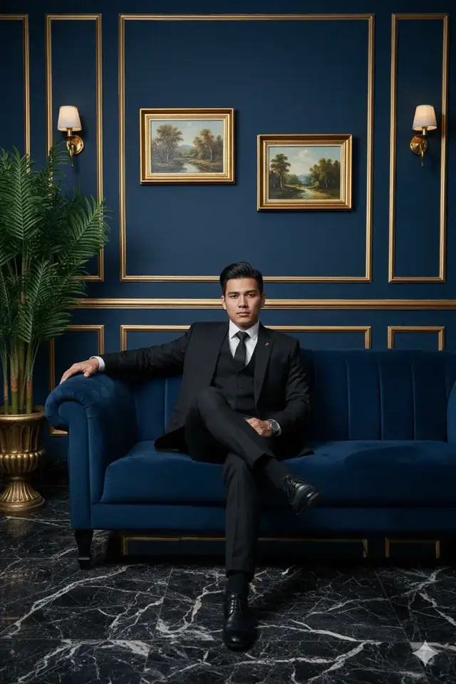Prompt: A stylish Southeast Asian man in his mid 20, dressed in a sharp, tailored black suit with a waistcoat and a dark tie. He is sitting confidently on a plush, dark blue velvet sofa. His legs are crossed at the ankles, and one arm rests along the back of the sofa, while the other arm is relaxed by his side. He has short, dark, neatly styled hair and a serious, sophisticated expression, looking directly towards the viewer. ​The setting is an opulent, classic interior with dark blue paneled walls featuring intricate gold trim and moldings. Above the sofa, two framed landscape paintings with gold frames are elegantly displayed. The lighting is soft and warm, with two gold wall sconces providing ambient light on either side of the paintings. ​To the left of the sofa, a tall, dark green leafy plant in a decorative gold planter adds a touch of natural elegance. The floor is a dark, polished marble with prominent white or gold veining, reflecting the room's luxurious atmosphere. The overall mood is one of sophistication, wealth, and classic elegance, reminiscent of a high-end fashion editorial or a luxury lifestyle advertisement. ​Visual Style: Photorealistic, high-resolution, sharp focus, cinematic lighting, rich textures, deep colors 9:16 #mafia #googlegemini #fyp #aigenerated #fypシ゚ 