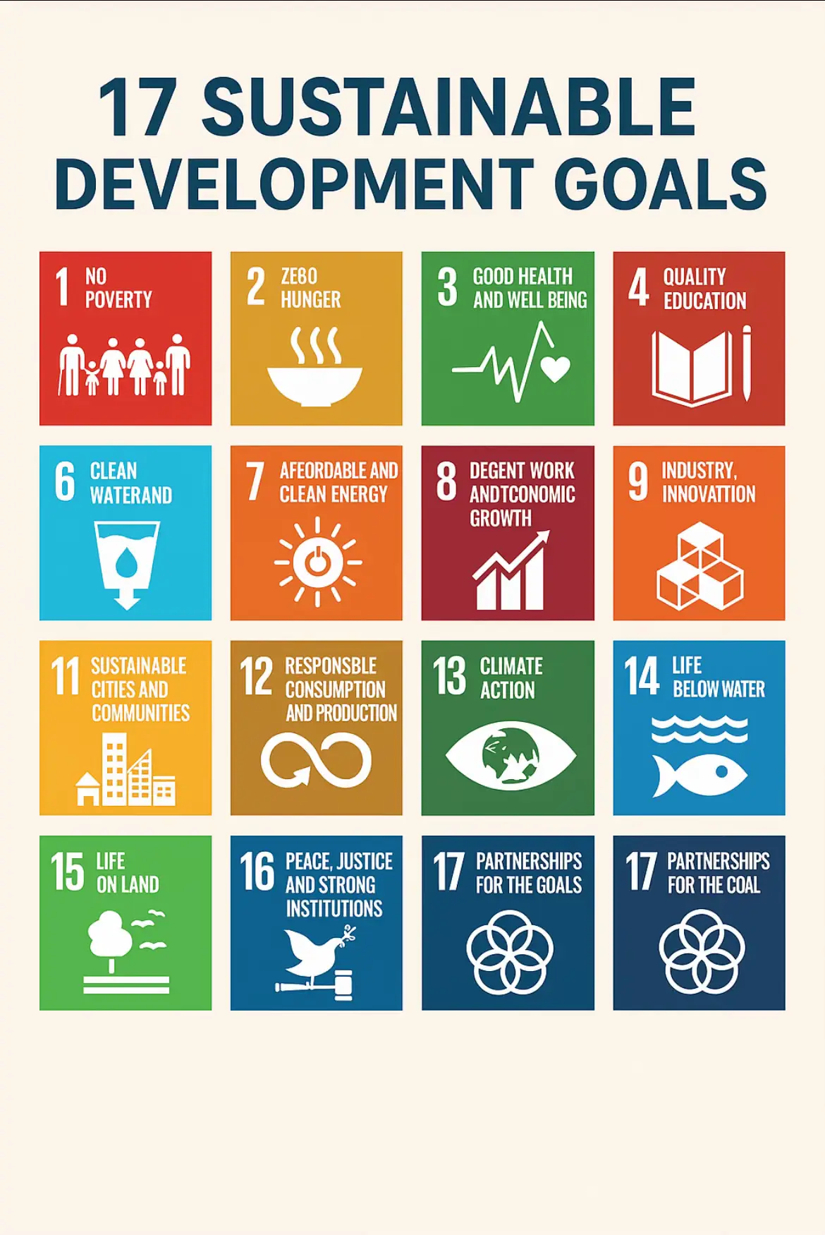 The 17 Sustainable Development Goals (SDGs) are global goals set by the United Nations to make the world a better place by 2030. They cover: 1. No Poverty: End poverty everywhere. 2. Zero Hunger: End hunger and improve nutrition. 3. Good Health and Well-being: Ensure healthy lives for everyone. 4. Quality Education: Provide good education for all. 5. Gender Equality: Give equal rights and opportunities to women and girls. 6. Clean Water and Sanitation: Ensure clean water and sanitation for all. 7. Affordable and Clean Energy: Provide clean and affordable energy. 8. Decent Work and Economic Growth: Promote good jobs and economic growth. 9. Industry, Innovation, and Infrastructure: Build strong industries and infrastructure. 10. Reduced Inequalities: Reduce inequality within and among countries. 11. Sustainable Cities and Communities: Make cities safe and sustainable. 12. Responsible Consumption and Production: Use resources responsibly. 13. Climate Action: Fight climate change. 14. Life Below Water: Protect our oceans. 15. Life on Land: Protect our land and ecosystems. 16. Peace, Justice, and Strong Institutions: Promote peace and justice. 17. Partnerships for the Goals: Work together to achieve these goals. These goals aim to solve the world's biggest problems by 2030 through collaboration between countries, organizations, and individuals. #Sustainability  #sustainabiltymatters  #sustainabliving 