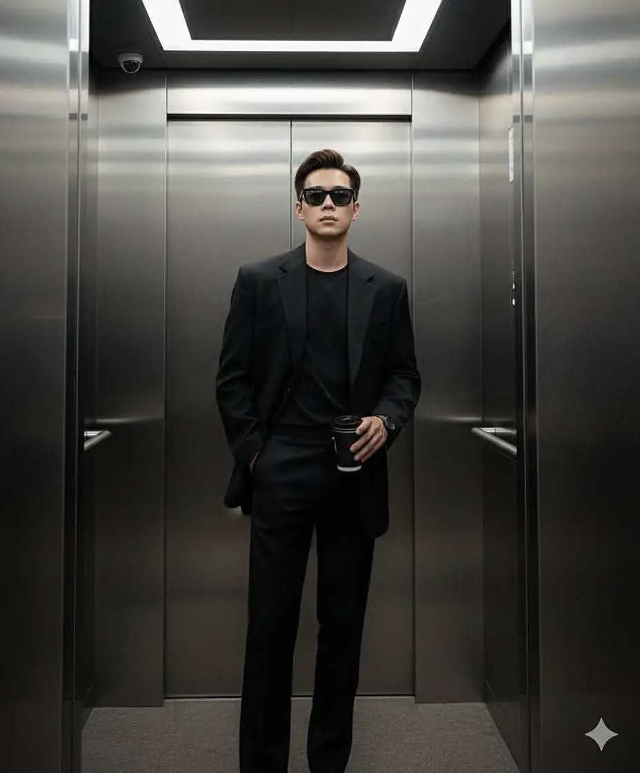 Prompt: Chỉnh sửa ảnh thành một chân đế nhàn nhã bên trong thang máy kiểu hiện đại với những bức tường kim loại phản quang. anh ấy sử dụng trang phục toàn màu đen: áo blazer ngoại cỡ và quần tây sử dụng kính râm và cầm một chiếc cốc mang đi. phong cách thanh lịch và sắc sảo với sắc thái bí ẩn của ánh sáng mờ từ đèn huỳnh quang trần tạo ra một bóng tối tinh tế. #xuhuong #tikokviral #gemini #LearnOnTikTok 