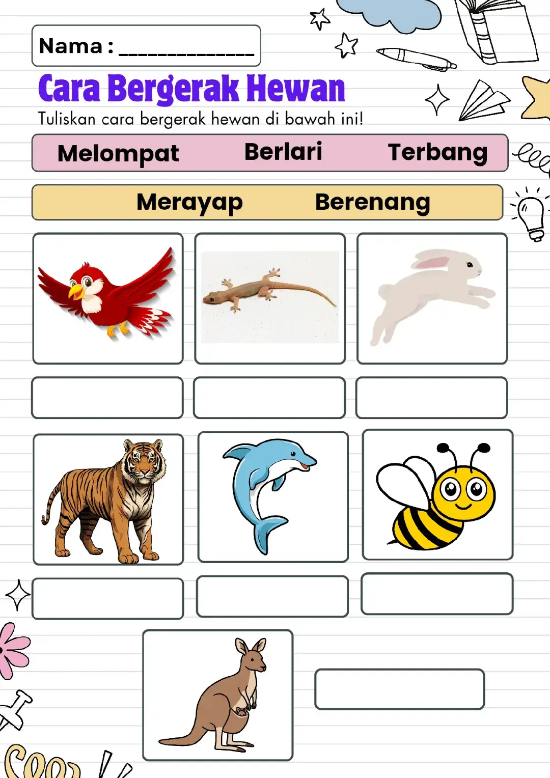 LKPD B.Indonesia Kelas 1 BAB 4 Aku Bisa! LKPD ini berisi tentang materi : 1. Cara gerak hewan 2. Menulis dan membaca kata dengan suku kata la-li-lu-le-lo. 3. Menyusun kata dengan benar 4. Mengelompokkan kegiatan mendorong dan menarik. #kelas1sd #lkpd #akubisa #bab4 #bindonesia 