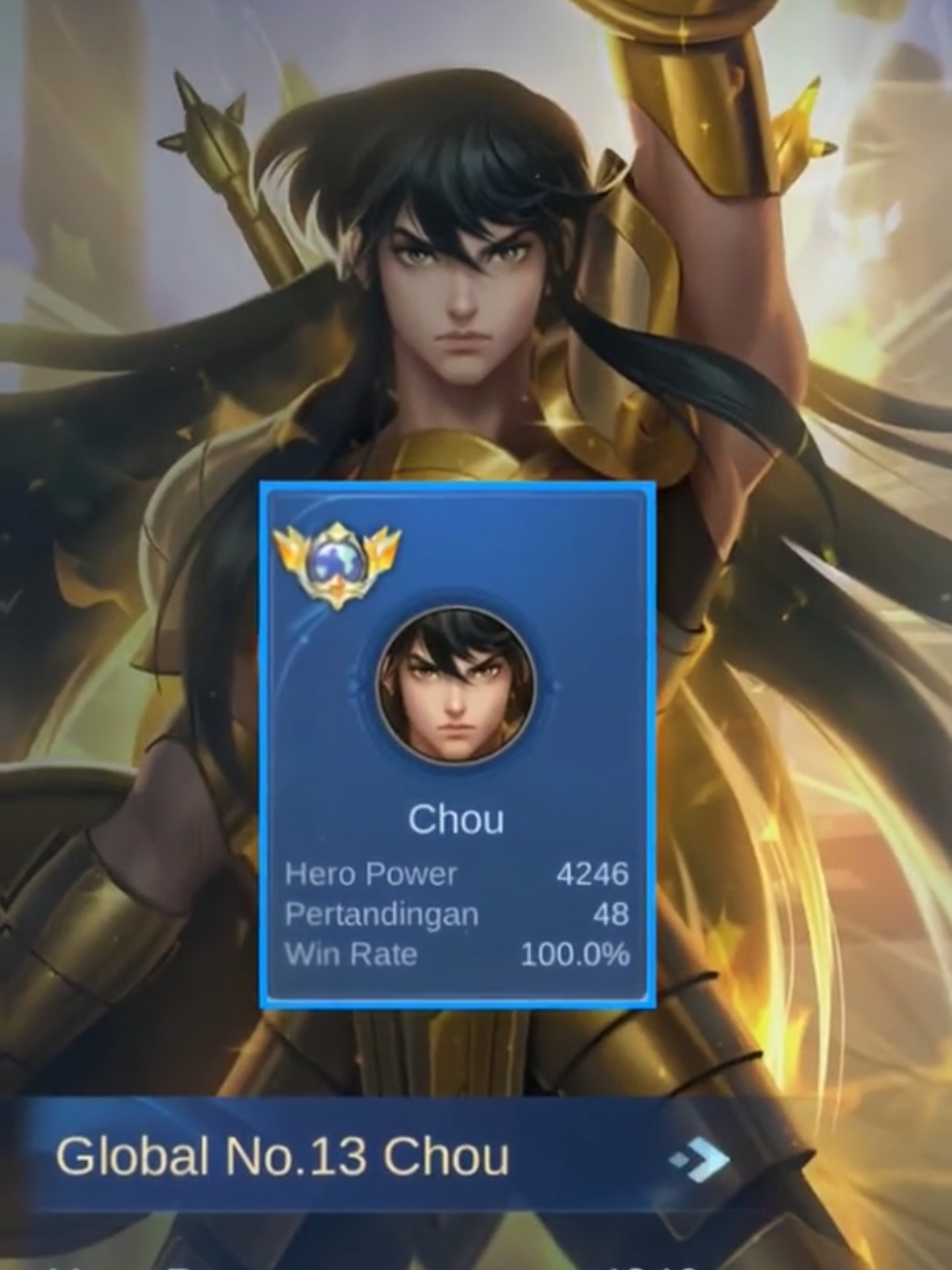 hanya butuh 48 match buat masuk global no. 13 chou ygy.  #mobilelegends_id  #mlbbcreatorcamp  #jjold