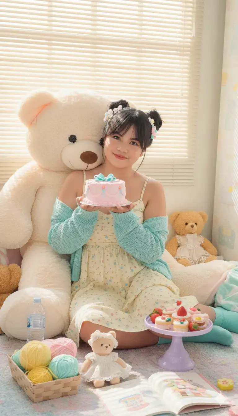 Photorealistic dreamy portrait of a young woman sitting playfully in a cozy pastel-themed room, leaning against a giant plush teddy bear. She is holding a pastel birthday cake decorated with pink and blue ribbons. Outfit: light yellow sundress with small pastel patterns, soft aqua blue cardigan draped loosely off her shoulders, matching aqua blue socks. Hair: styled into soft twin buns adorned with pastel bows, clips, and small plush accessories, with loose strands framing her face. Makeup: natural dewy skin with visible texture, soft blush on cheeks, light pink glossy lips, subtle eyeliner, bright innocent look. Props: teddy bears, yarn balls in pastel colors (yellow, mint, pink), a small teddy doll wearing a white dress, pastel cake stand filled with pastries and strawberries, plastic water bottle, children’s illustrated book, cozy plush blankets. Background: sunlit indoor setting with blinds filtering warm daylight, soft pastel tones throughout. Lighting: natural soft daylight with dreamy highlights, pastel cinematic grading, gentle glow. Camera: 50–85mm lens, f/1.8–2.2, shallow depth of field, sharp focus on face and cake, creamy pastel bokeh background, subtle film grain. Mood: playful, dreamy, cozy, pastel fairytale, kawaii aesthetic. Photorealistic, ultra-detailed, cinematic pastel grade. –ar 2:3 –v 5 don’t change your face 100%. #fyp #bear #geminiai #geminiaiprompt #aiprompt 