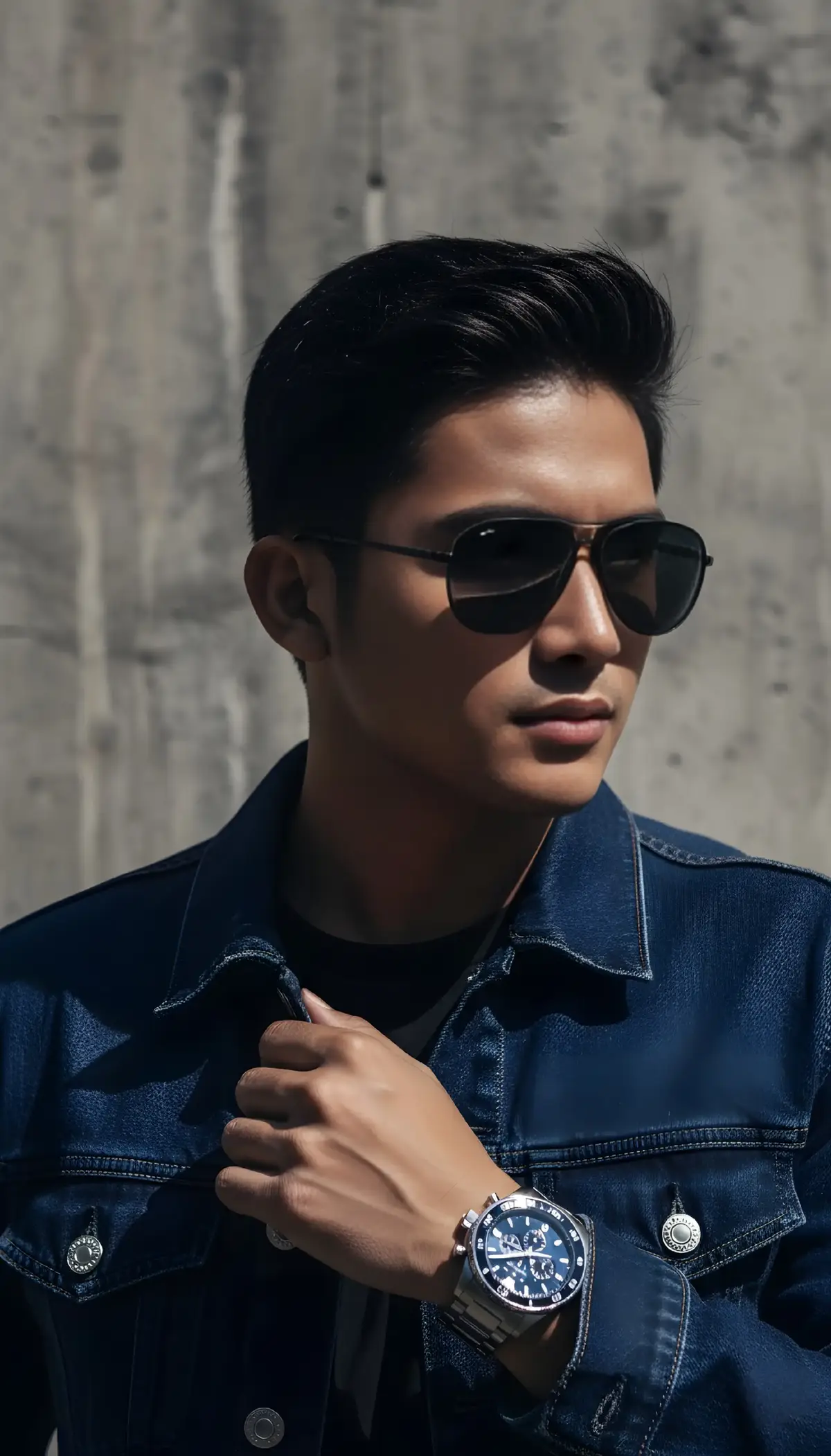 Tutorial edit foto gemini Al atau google ai studio 1. Masuk ke google gemini/ google ai studio 2. Lalu tekan tanda (+) 3. Masukan foto referensi yang ada di galeri 4. Salin promptnya dengan google lens 5. Jika dirasa kurang mirip bisa pake remaker ai/faceswap ai untuk mengganti muka. Prompt: Transform my photo into a photo-realistic 8K editorial portrait, 9:16, face 100% accurate, wears sunglasses, confident side glance, deep denim jacket over black outfit, luxury watch, dramatic cinematic lighting. Concrete wall background daylight. Shot with camera Canon eos R5 --ar 9:16 --style raw --v 6 #googlegemini #geminiai #promptgemini #jangkauanluas #fyppppppppppppppppppppppp 