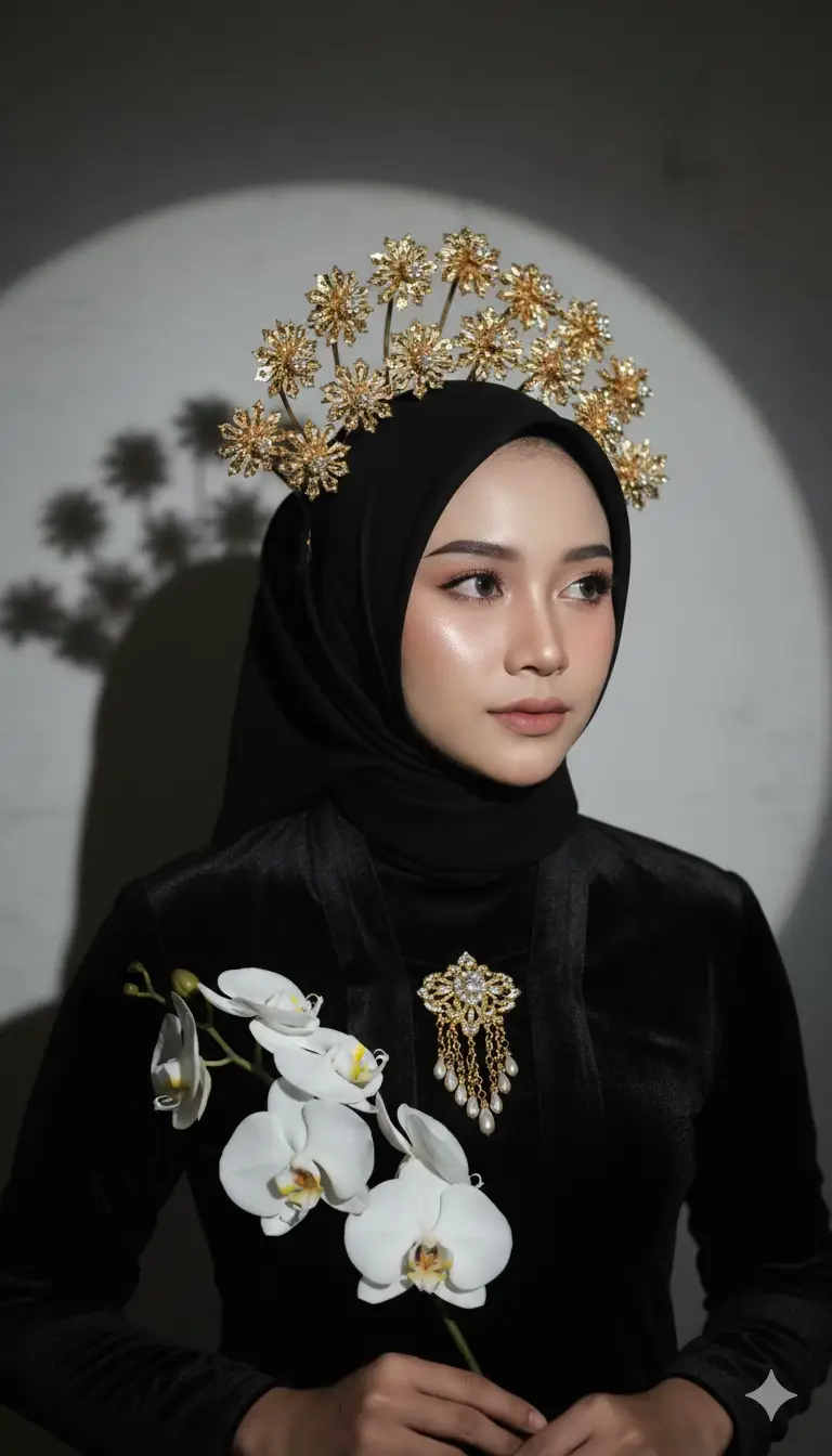 Prompt : Mempertahankan wajah dan fitur yang sama persis dengan foto referensi. Potret studio berkelas seorang perempuan muda dengan keanggunan yang halus, mengenakan jilbab putih bersih yang tersampir sempurna dengan lipatan yang rapi, dihiasi aksesori hiasan kepala bermotif bunga keemasan yang halus berbentuk seperti bintang yang mekar, berkilau di bawah cahaya. Jilbabnya hitam ditata dalam bingkai rapi yang menonjolkan wajah ovalnya yang simetris, kulit putihnya yang bercahaya, dan struktur tulangnya yang halus. Ia mengenakan kebaya adat jawa hitam kain bludru memadukan keanggunan tradisional dan modern. Sebuah bros emas vintage menghiasi dadanya sebagai hiasan utama, melambangkan keanggunan budaya. Ia memegang setangkai anggrek putih segar, kelopaknya lembut, selembut beludru, dan berkilau, menambah kelembutan alami pada komposisinya. Riasan (detail):  kulit: Kulit porselen sempurna dengan hasil akhir dewy alami, highlight halus pada tulang pipi, pangkal hidung, dan tulang alis untuk tampilan bercahaya Efek keseluruhan: glamor pengantin/editorial yang halus, namun tetap lembut dan elegan. Pengaturan pencahayaan (sinematik & editorial): Cahaya utama: satu softbox dari kiri atas depan, menghasilkan kilau merata dan highlight kulit halus. Latar belakang: proyeksi sorotan melingkar di belakang subjek, menciptakan gradien seperti halo, dengan bayangan hiasan kepala yang dilemparkan tajam ke latar belakang untuk efek dramatis. Cahaya pengisi: minimal, mempertahankan bayangan alami untuk menambah kedalaman. Hasil: murung namun elegan, dengan kontras yang bersih dan tone seperti lukisan. Spesifikasi fotografi: Diambil dengan DSLR/mirrorless full-frame, dengan lensa prima 85mm pada f/1.4, ISO 100, rana 1/160. Kedalaman bidang: dangkal, latar belakang melebur menjadi blur lembut, subjek sangat tajam. Dengan detail yang sangat indah.  Resolusi: definisi ultra-tinggi, 8K Nuansa berkualitas tinggi, tekstur alami terjaga (tanpa penghalusan berlebih). Rasio aspek 9:16 vertikal, komposisi terpusat, ruang atas untuk hiasan kepala, ruang bawah diseimbangkan dengan anggrek. Gaya & suasana hati: Editorial, fotografi mode budaya modern. #geminiai #fyp #trend #jogja24jam #yogyakarta 