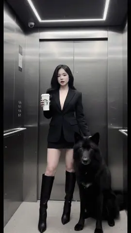 Câu lệnh: A beautiful young woman standing in a modern elevator, wearing an oversized black blazer as a dress, holding a Starbucks coffee cup in her right hand, holding a leash in her left hand. Beside her stands a large black German Shepherd dog. She is wearing thigh-high black boots, straight hair, elegant and fashionable look. Cinematic lighting, high fashion editorial style, realistic photo.