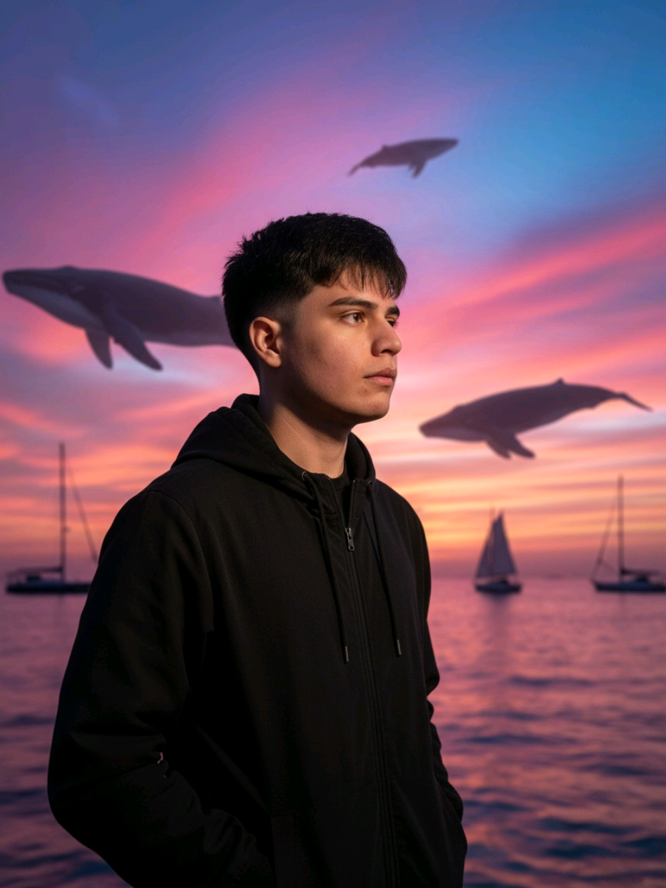 GEMINI AI PROMPT  Crea tu propia fotografía con calidad de estudio usando Gemini AI. Photograph of a person standing in a harbor at sunset, wearing a black hooded jacket. Using the reference image as STRICT source, preserve the subject's EXACT facial structure, EXACT hair style, EXACT hair color, EXACT hair length, EXACT hair texture, EXACT skin tone, and EXACT facial features. All natural skin imperfections must be preserved. The background is a dreamlike harbor with a sky in vibrant hues of pink, purple, and blue, with large whales swimming through the air. Sailboats are visible in the distance. The lighting is soft sunset light. The subject's appearance must be IDENTICAL to the reference photo. Only the clothing, pose, and background should change based on this prompt. hyperrealistic, photographic, sharp focus on the eyes, exact likeness --v 6.0 --ar 9:16 --style raw #hacerfotosestudioconia #photostudio #promptgeminiai #gemini #geminia 