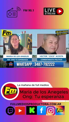 En La Mañana de Full Medios recibimos a una de las representantes de la organización Tu Esperanza, María de los Ángeles, junto a Cooco. Nos contaron cómo trabajan y compartieron sus puntos de vista. 👉 Podés ver la nota completa en nuestro canal de YouTube. 📻 La Mañana de Full Medios, de lunes a viernes de 09 a 12 hs. ✨ Full Medios: el primer canal de streaming de la zona.