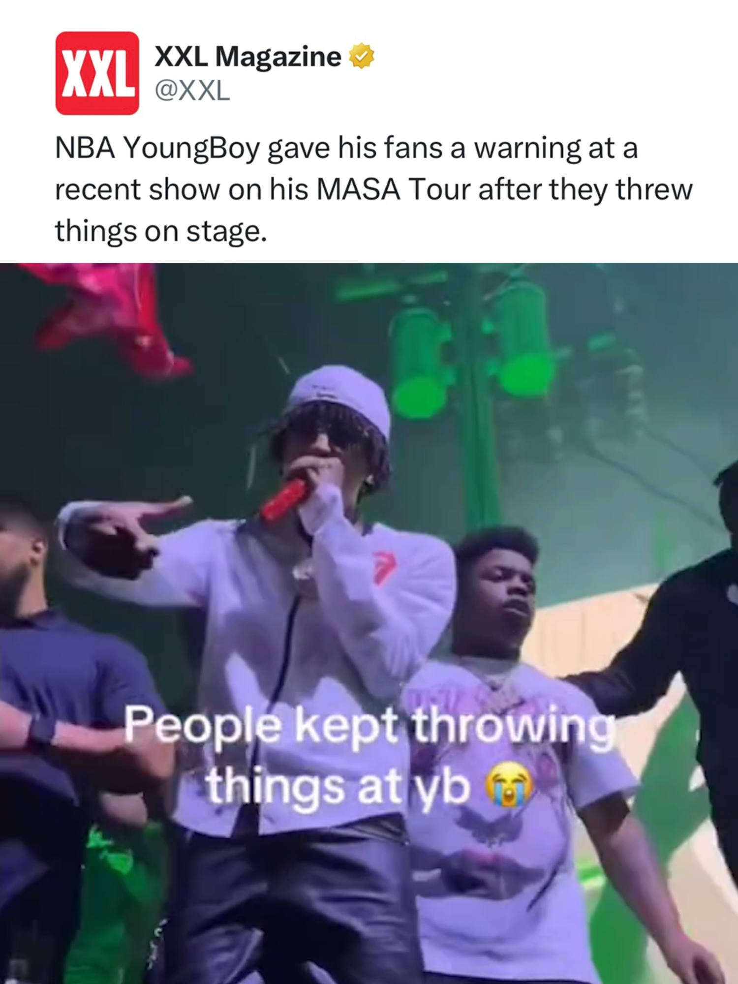 NBA YoungBoy gave his fans a warning at a recent show on his MASA Tour after they threw things on stage.  