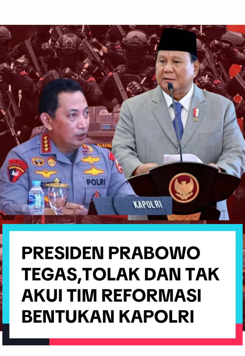PRESIDEN PRABOWO TEGAS, TOLAK DAN TAK AKUI TIM REFORMASI BENTUKAN KAPOLRI. Presiden Prabowo Subianto menyatakan dengan tegas bahwa dirinya tidak mengakui pembentukan Tim Transformasi Reformasi Polri yang digagas oleh Kapolri Jenderal Listyo Sigit Prabowo, karena menurutnya tim tersebut berbeda dari komite reformasi Polri yang akan dibentuk oleh Presiden. Pernyataan itu disampaikan melalui Menteri Sekretaris Negara Prasetyo Hadi, yang menjelaskan bahwa Tim Transformasi bentukan Kapolri hanya bersifat internal di tubuh Polri. Sementara itu, tim reformasi Polri yang “diakui” Presiden akan memiliki struktur, komposisi, dan mandat tersendiri, serta melibatkan unsur akademisi, tokoh sipil, dan mantan perwira Polri.   Menurut Prasetyo, tim reformasi bentukan Presiden kemungkinan terdiri dari sekitar sembilan orang. Meski demikian, susunan resmi dan nama-nama akan diumumkan kemudian.   Salah satu nama yang disebut akan ikut adalah Mahfud MD.   Di pihak lain, Kapolri menyampaikan bahwa Tim Transformasi Reformasi Polri milik Polri akan tetap “selaras” dengan komite reformasi Presiden. Kapolri menyatakan bahwa tim internal Polri akan membantu dan menyesuaikan hasil temuan dengan rekomendasi dari komite Presiden jika diperlukan.   Para pengamat, seperti Amir Hamzah, memandang bahwa pembentukan tim dari Kapolri bukanlah upaya perlawanan terhadap Presiden.  Menurutnya, Kapolri dibebani tugas untuk memetakan kondisi internal institusi, terutama agar kelemahan organisasi bisa diidentifikasi dahulu sebelum rekomendasi eksternal dijalankan. Ia juga menyebutkan bahwa pembentukan tim internal Polri sendiri adalah bagian dari agenda Presiden dalam reformasi institusi kepolisian.   Lebih jauh, Komite Reformasi Polri bentukan Presiden direncanakan bersifat ad hoc dan bekerja selama enam bulan. Tim ini akan berkoordinasi dengan Tim Transformasi Polri internal agar proses reformasi tidak tumpang tindih, melainkan saling melengkapi.   #prab#prabowoo#kapolrit#listyosigitprabowoo#reformasipolrii#lagiviral