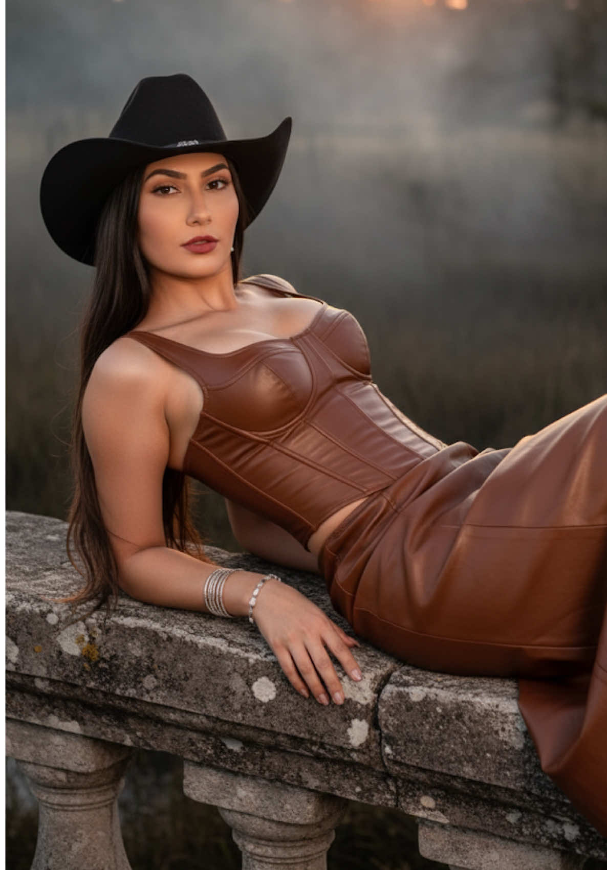 Eitaaaa amando essas fotos com a Gemini 😍😍😍!!! Crie uma imagem da mulher na foto (mantenha as características faciais o máximo que puder) Um close-up cinematográfico de uma jovem com cabelos longos até a parte inferior das costas e peito preto e elegante. Ela está vestindo uma camisa preta e calça preta, com uma bota preta, na cabeça usando um chapéu preto cowgirl . A camisa pende sensualmente em um ombro, revelando parte de seu peito e clavícula. Um delicado conjunto de joias com diamantes, incluindo ar, pulseira e anel, adorna seu pescoço, pulso e dedo. Ela está sentada no chão com uma perna dobrada para cima e a outra esticada para fora. Uma de suas mãos, adornada com o anel de diamante, repousa graciosamente em seu peito, segurando a camisa no lugar. Seu cabelo preto é solto e bagunçado, com mechas soltas que emolduram seu rosto. Maquiagem impecável, incluindo um lábio marrom claro e delineador sutil, realça seus traços. O fundo é bege simples e monocromático, variando do mais claro ao mais escuro, com um toque de luz brilhante. #comandogeminifotomulher  #transformesuasfotos  #fotosprofissionaisemcasa  #geminifotos💗💗 