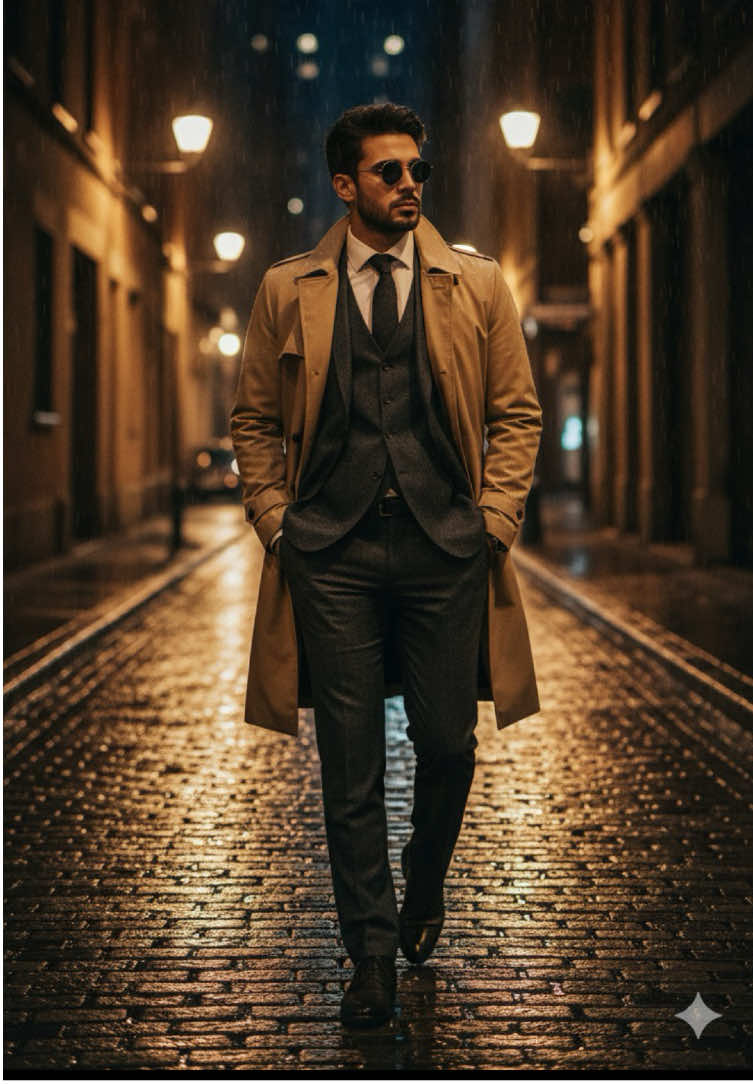 edit your photo by Google gemini 1.open gemini 2.add your face photo  3.copy prompt  prompt: Use 100% face above uploaded photo A full-body cinematic photorealistic portrait of a sophisticated young adult in their late 20s (male or female, matching the uploaded photo), walking confidently through a narrow, rain-slicked city alley at night. They are impeccably dressed in a classic tan trench coat worn over a dark grey, textured three-piece suit with a dark tie (or its elegant feminine equivalent). Their hands are in their pockets, wearing round circle black sunglasses, and they look thoughtfully to the side. The cobblestone street glistens, reflecting the warm, glowing streetlights that line the alley, creating a moody, film noir atmosphere. A light rain is falling, adding to the dramatic effect. The background is filled with the soft bokeh of distant city and car lights. Style: Photorealistic, hyper-detailed, dramatic lighting, chiaroscuro effect, sharp focus, atmospheric, cinematic. Technical details: Shot on an 85mm lens, 8K resolution, hyperrealistic, FHD, shallow depth of field, 9:16. #gemini #cinematic #mensfashion #ai #viral 