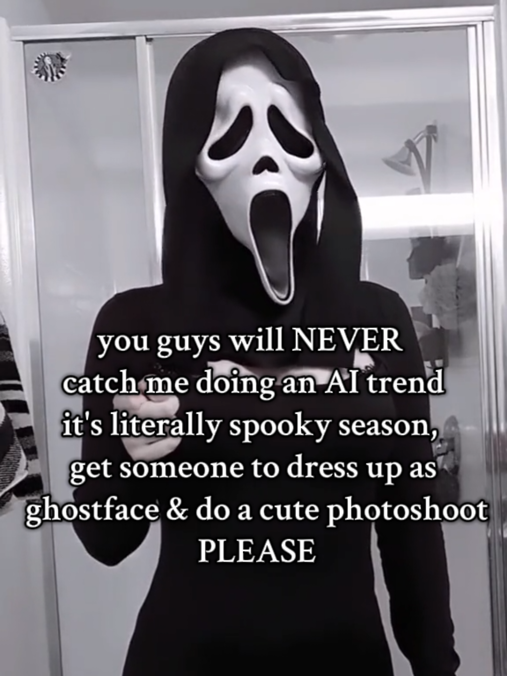 guys i beg of you to get creative and do a cute spooky ghostface photoshoot, one that will actually look like you 😩 i'm so disappointed in how many AI posts i'm seeing especially in the alt/goth community #ghostface #scream #halloweentrend #aitrend #spookyseason 
