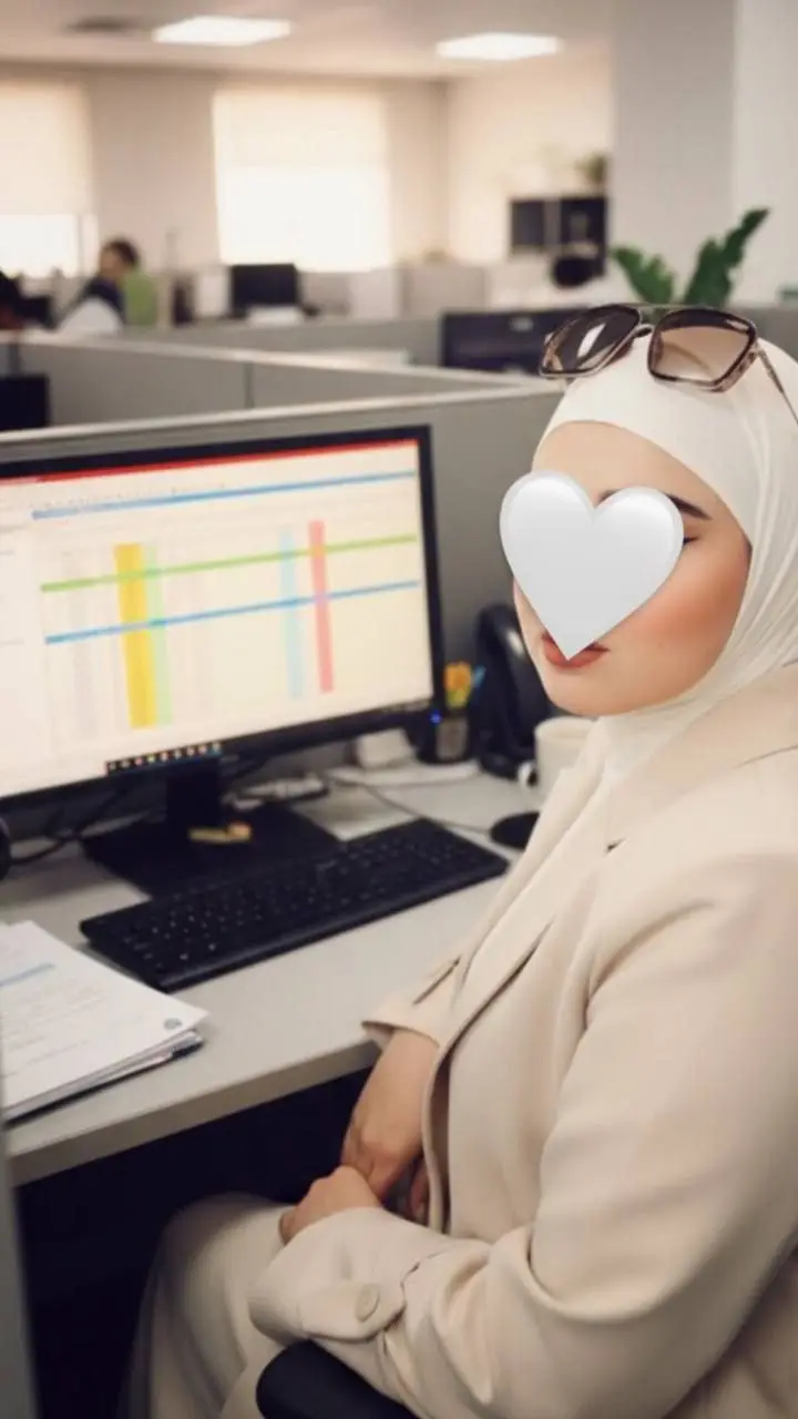 صورة بولارويد (Polaroid) لكِ، تظهركِ في قسم للمحاسبة (ربما أمام مكتب أو شاشة حاسوب بها جداول)، مع الحفاظ الكامل على حجابك وملابسك. الصورة بتأثير ضبابي خفيف يضفي عليها عمقًا ونعومة (Soft Focus)، مع إضاءة دافئة وناعمة تسلط الضوء على وجهك دون تغيير في ملامحك.