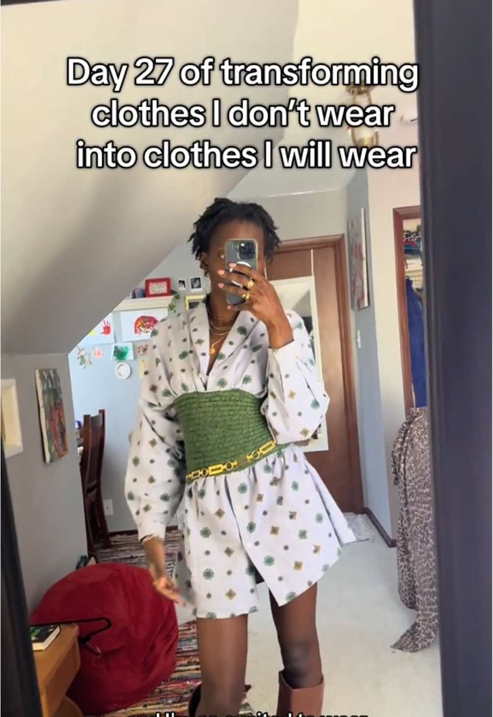 Day 27 of transforming clothes I don’t wear into clothes I will wear….I made another dress 😁  I just love mixing different fabrics together to make a fit!  In my head, this was actually supposed to be a top but I realized It was long enough to be a dress when I did a fit check  so that’s what it became 🤣  I do need more dresses in my rotation so worked out perfectly 💕 Thanks for tuning in!! #sewingtiktok #diyclothes #upcyclingclothing #sustainablefashion #upcyclingfashion  