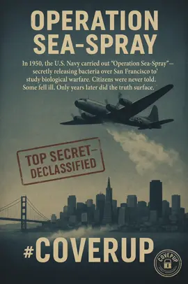 TopSecret_COVERUP  **“In 1950, the U.S. Navy carried out ‘Operation Sea-Spray’ — secretly releasing bacteria over San Francisco to study biological warfare. Citizens were never told. Some fell ill. Only years later did the truth surface. This wasn’t a movie script. It was reality. Top Secret once. Declassified now. #COVERUP #Declassified #TopSecret”