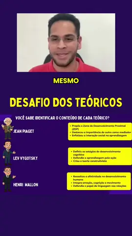 Desafio pedagógico do dia! Será que você consegue identificar a teoria de cada autor? 🤔 Piaget, Vygotsky ou Wallon? Comente aqui embaixo 👇 #pedagogia #memorizandoapedagogia #concursopublico #professor #Wallon  
