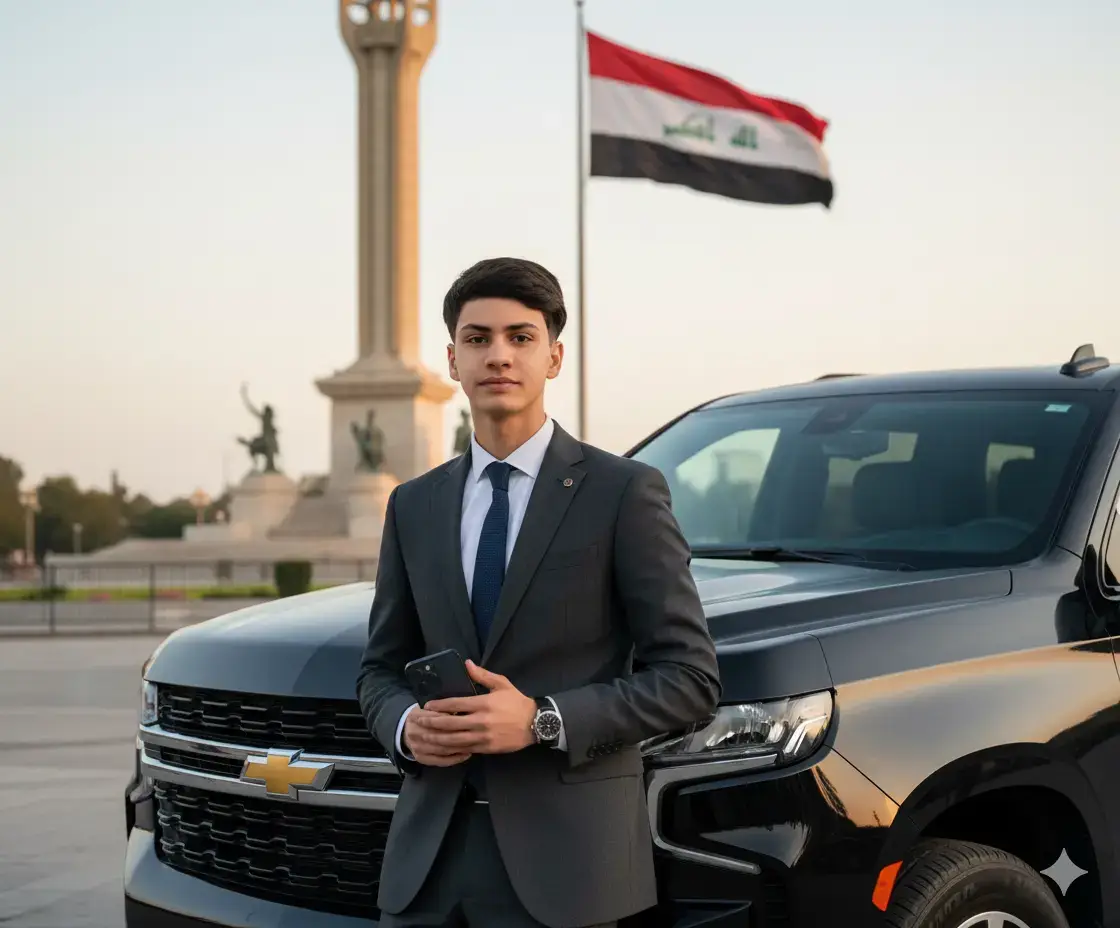 A powerful professional shot of a well-dressed Iraqi man in a well-fitted suit holding an iPhone 16 close to his chest. He stands near a black 2025 Chevrolet Tahoe, leaning slightly on the hood. The background shows Tahrir Square, with the Freedom Monument and the Iraqi flag, giving the scene a strong cultural context. #الذكاء_الاصطناعي #gemini #صوري 