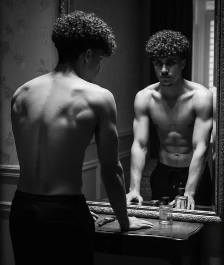‏Dramatic black and white photo showing of a young man. The man was standing in front of the mir shirt. The man faced the mirror, while the camera captured him from behind, highlighting his back and the reflection of his serious face in the mirror. The tubu pose is slightly hunched over and the man's hands touch the table, giving an elegant and confident impression Lighting focuses on the face and the front of the body through mirror reflections, with intense shadows surrounding the right and left sides, creating a mysterious and artistic atmosphere. The background of the room looks like a hotel room or an exclusive dressing room, with a small table and a perfume bottle at the bottom of the picture. Classic visual style, high contrast, full of dramatic nuances and cinematic aesthetics. Ratio…#Gemini #Ai #pyyyyyyyyyyyyyyyyyyyyy #pyfツ‏… #foryou 