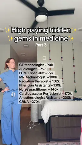 I got so many comments on my last few videos about healthcare careers so here’s round three!  Disclaimer: all of these are averages and estimates!! Salary is going to vary between cities, expiernce, call time, etc! I think all of these jobs are such great opportunities in medicine that aren’t talked about enough 🫀 I am currently in school for perfusion and I absolutely love it! There’s so many hidden gems in healthcare that aren’t the MD route and they need more recognition ✨✨  Hope this helps some people and let me know which jobs I should add!  #highpayingjobs #healthcare #medicine #healthcareworker 