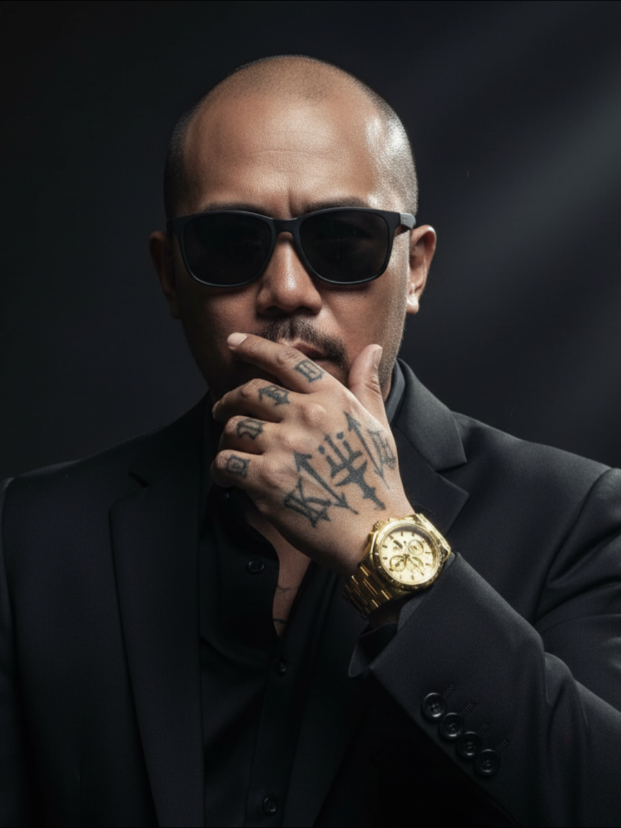 gemini prompt:Create a cinematic portrait of a stylish man with a bold attitude. Dressed in black, his intense gaze is captured. His hand, intricately tattooed with letters  KiiE on and symbols , stands before his mouth in a striking pose, sporting a massive luxury gold watch. Gangster vibe with profesional photographer style #gemini #prompt #geminiphoto  #aiprompt 