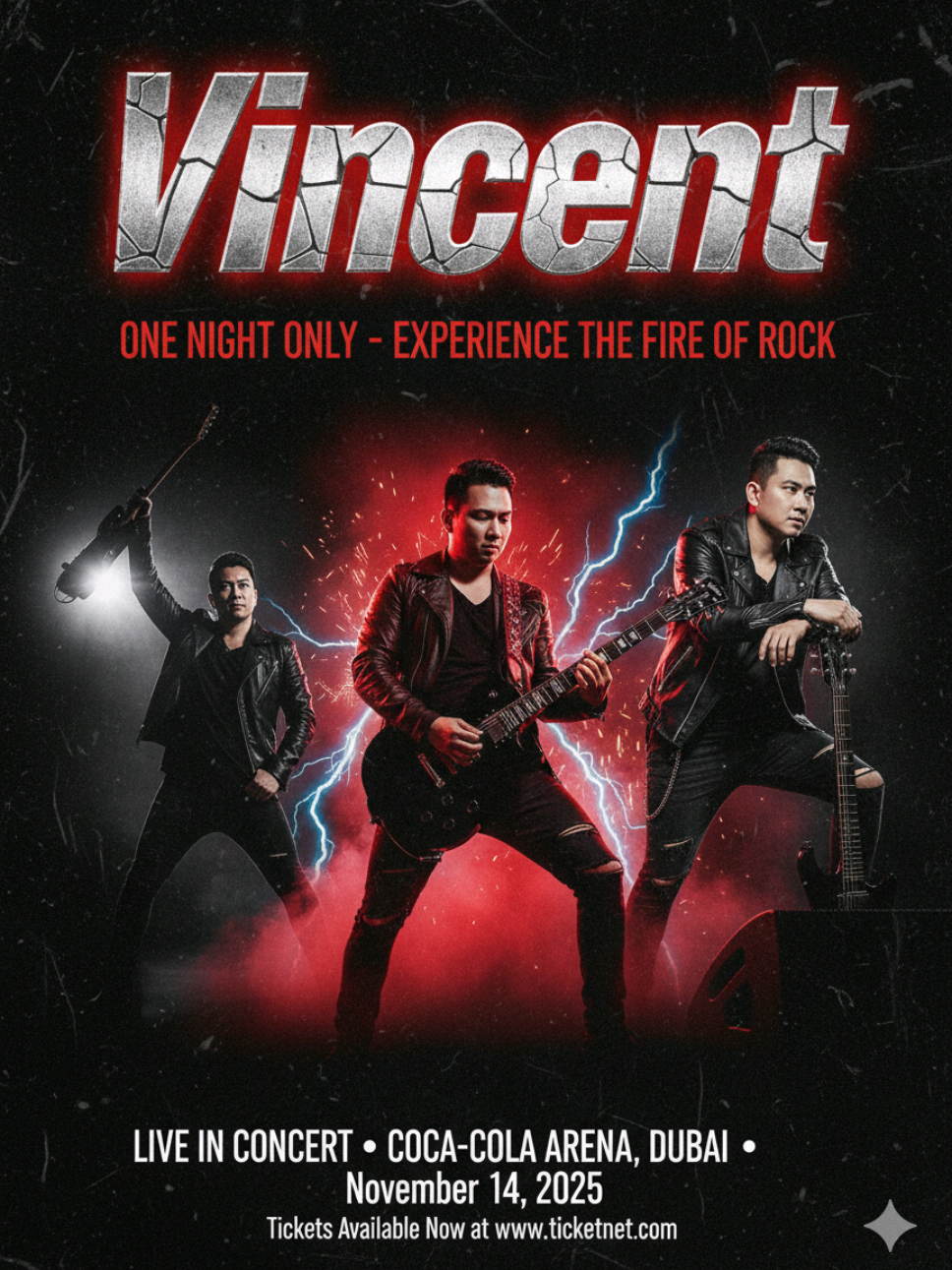 GEMINI PROMPT : A bold, edgy rockstar-style live concert poster featuring [Dynamic Poses] as the guitarist. The design showcases three dynamic photos of you in different poses: (1) holding your guitar high in the air with confidence, (2) shredding on stage mid-performance with intense energy, and (3) a cool rebellious pose leaning on the guitar. The layout is raw and powerful, with distressed textures, dark grunge backgrounds, and glowing neon accents. Place your name in large, explosive rock-inspired typography at the top