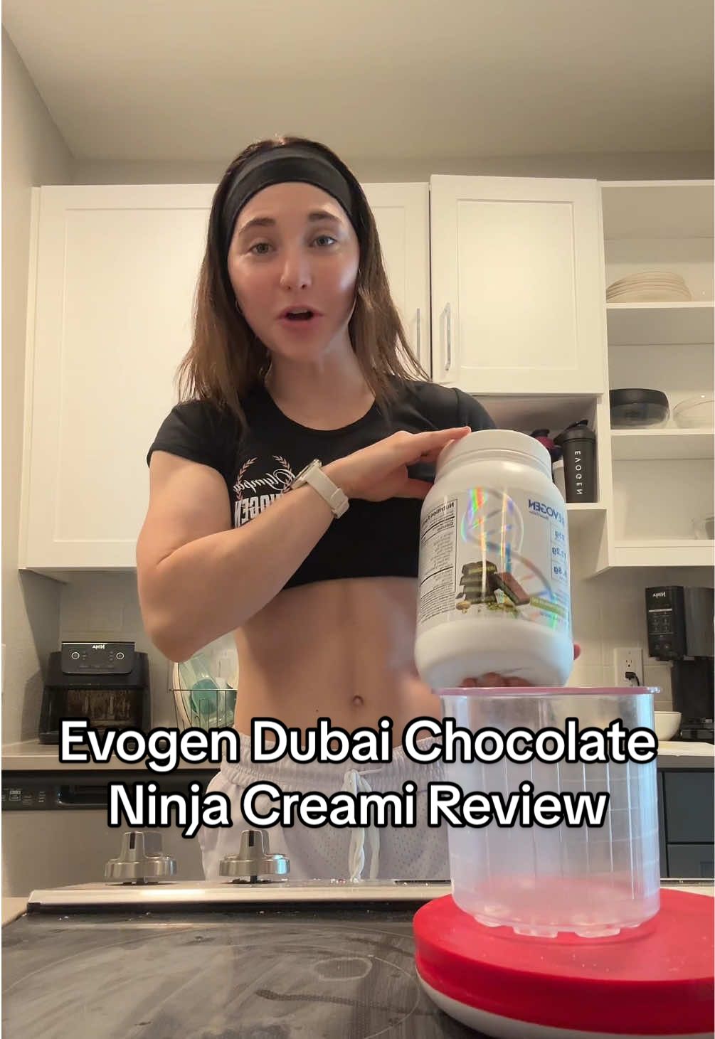 dubai chocolate creami gets a solid 9/10 from me but lowk not very pistachio-y still fire tho!! you guys can try for yourself with the link below or grab it on the @Evogen website before it sells out (you can use code ELIYA for 10% off 🫶🏻🫶🏻) lmk if you try this!! #ninjacreami #highprotein #dubaichocolate #icecream #gymgirl 